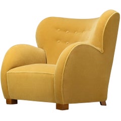 1930s Extremely Grand Danish Lounge Chair Reupholstered in Yellow Mohair