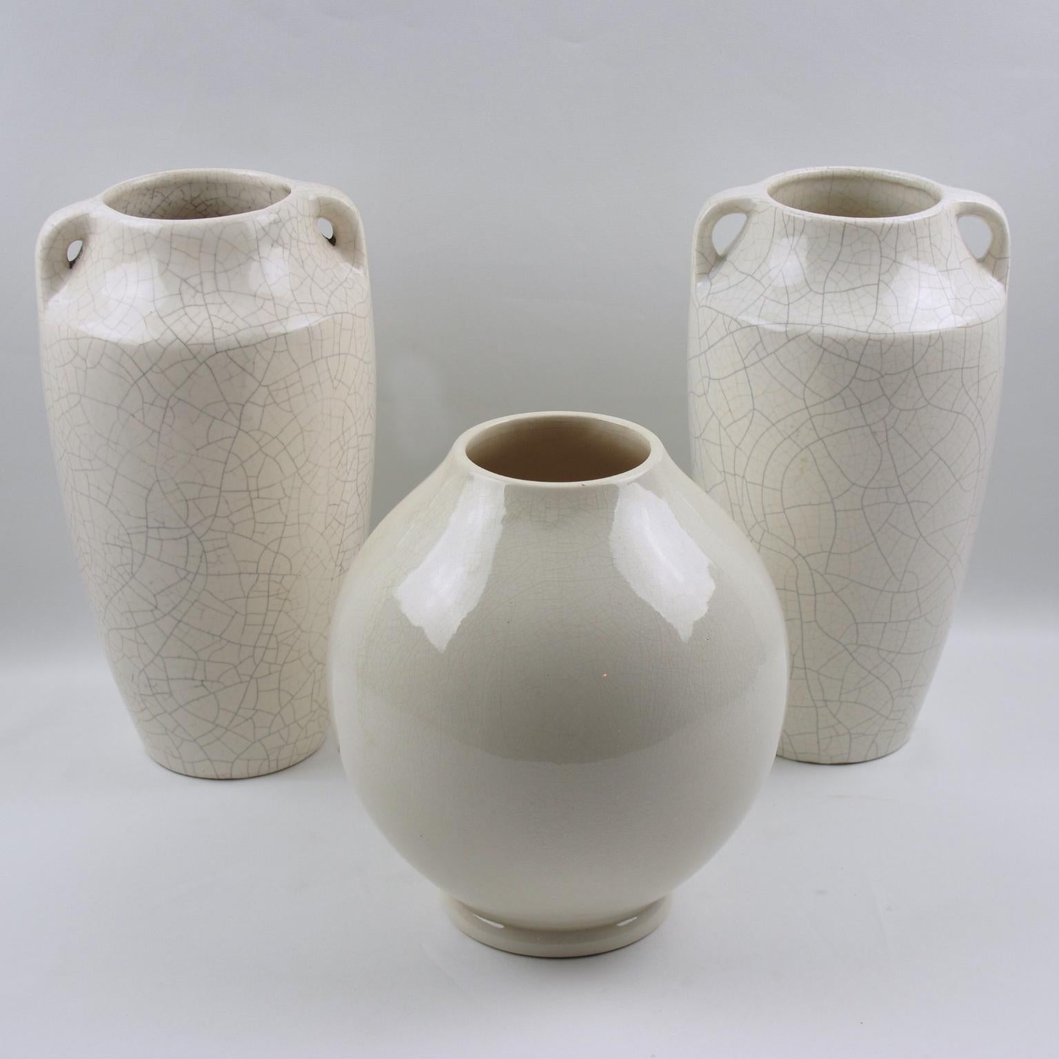 1930s Faiencerie Saint Clement Art Deco Crackle Glaze Ceramic Vase, a Pair 1