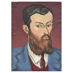 Antique 1930s European Fauvist Signed Oil Painting - Portrait of Bearded Young Man
