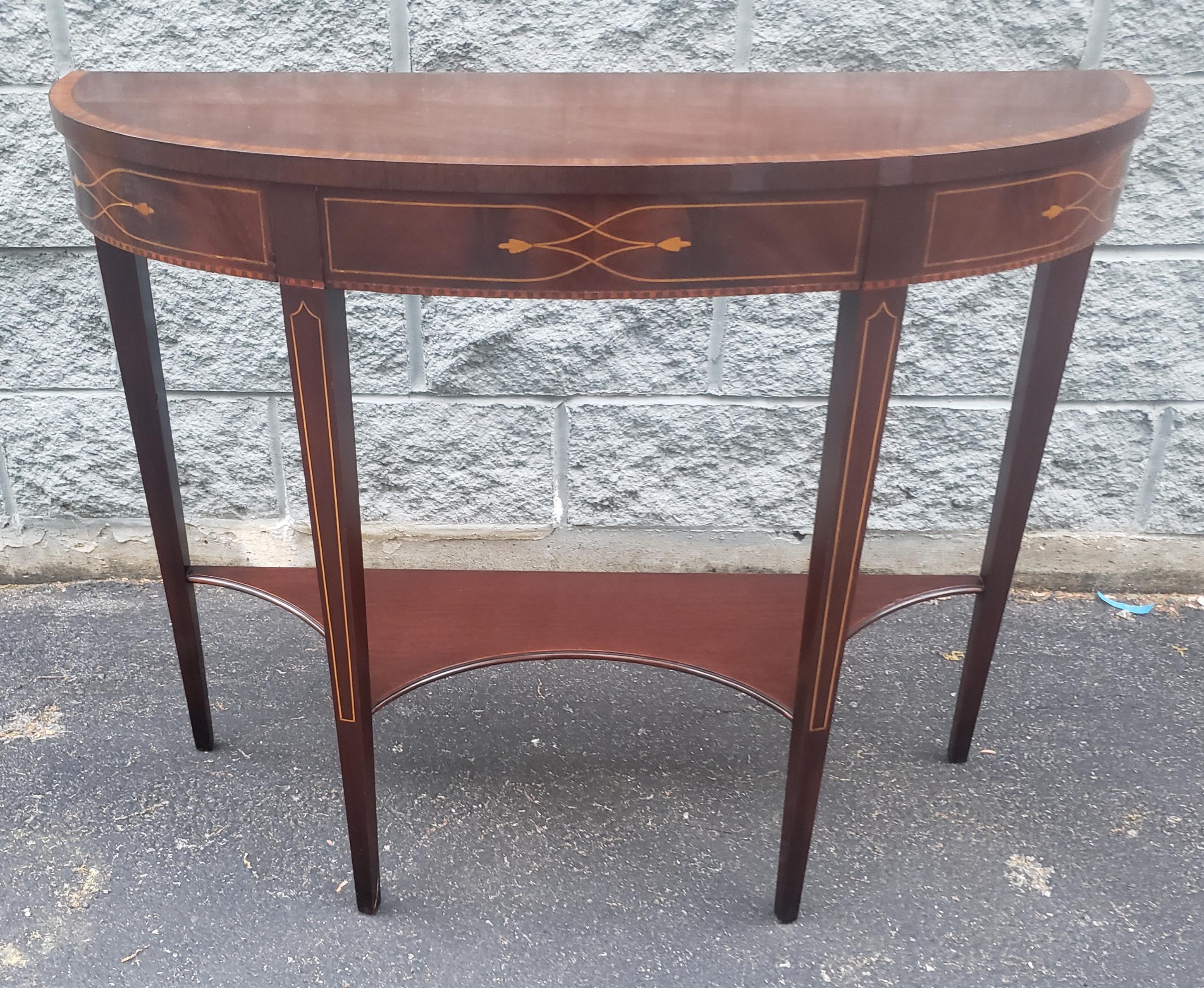 1930s Federal Two-Tier Mahogany and Satinwood Inlaid Demilune Console Table 6