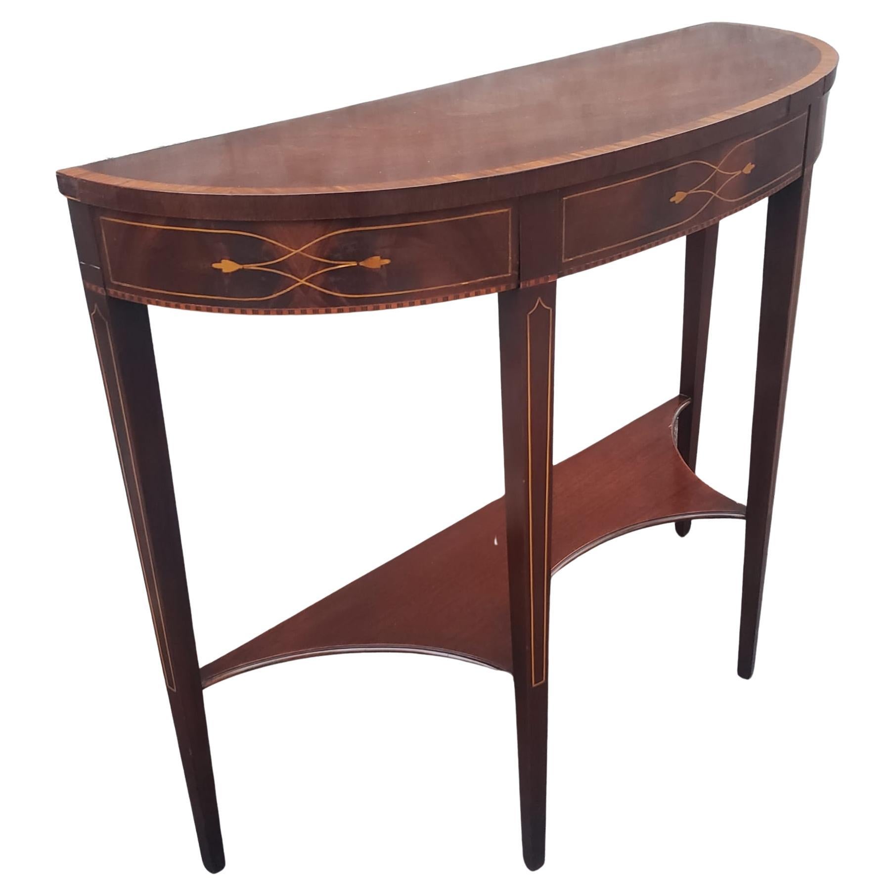 American 1930s Federal Two-Tier Mahogany and Satinwood Inlaid Demilune Console Table