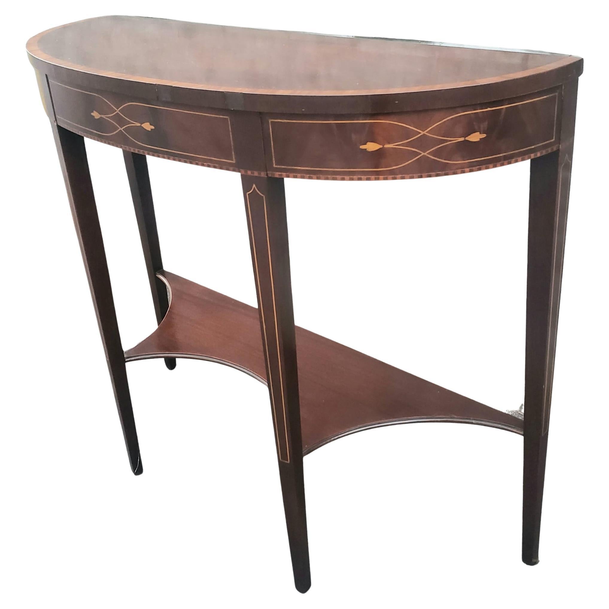 Inlay 1930s Federal Two-Tier Mahogany and Satinwood Inlaid Demilune Console Table