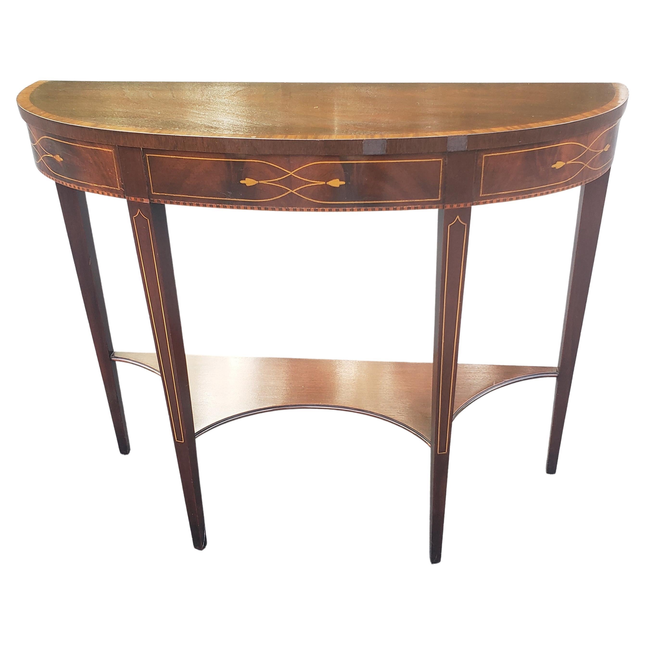 20th Century 1930s Federal Two-Tier Mahogany and Satinwood Inlaid Demilune Console Table