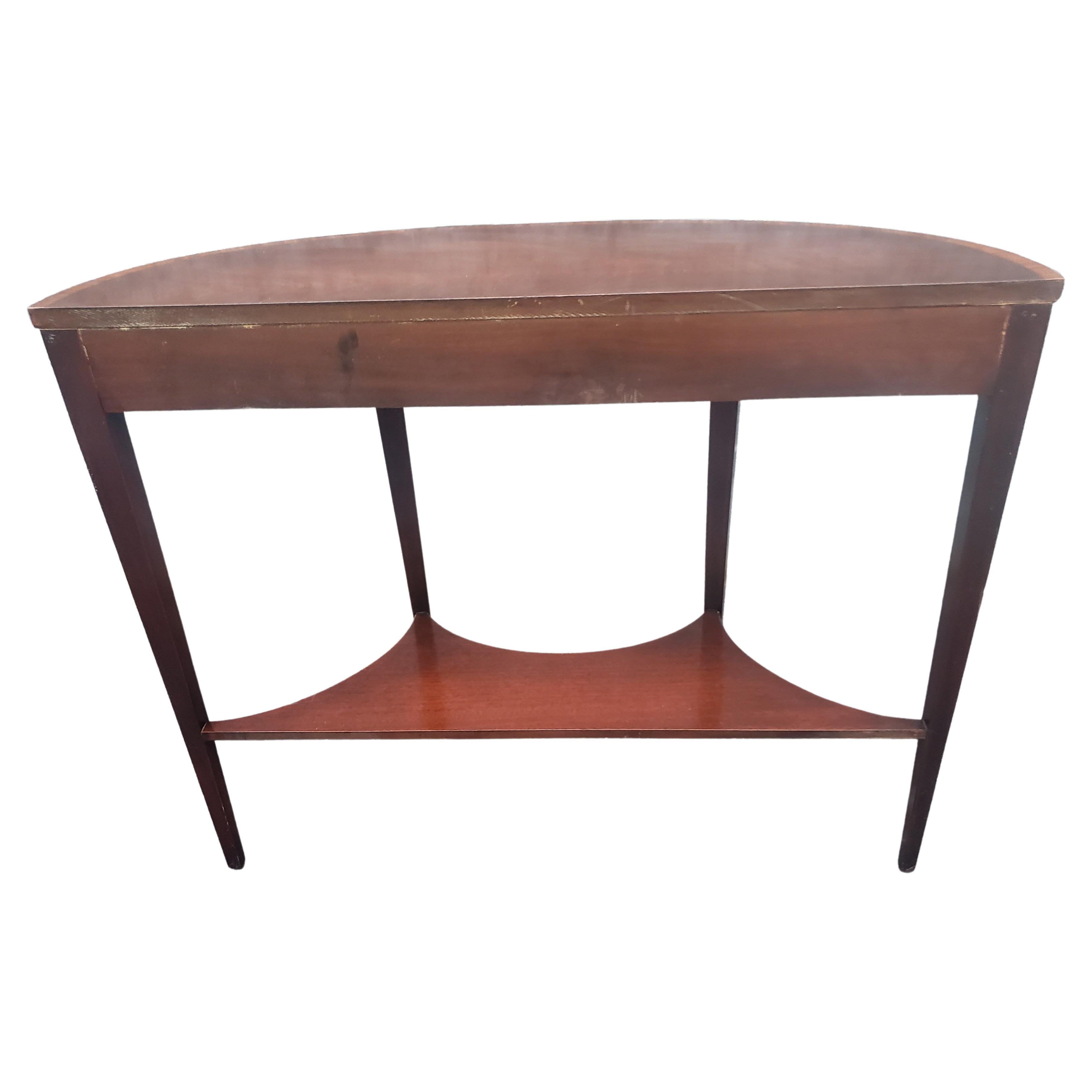1930s Federal Two-Tier Mahogany and Satinwood Inlaid Demilune Console Table 1