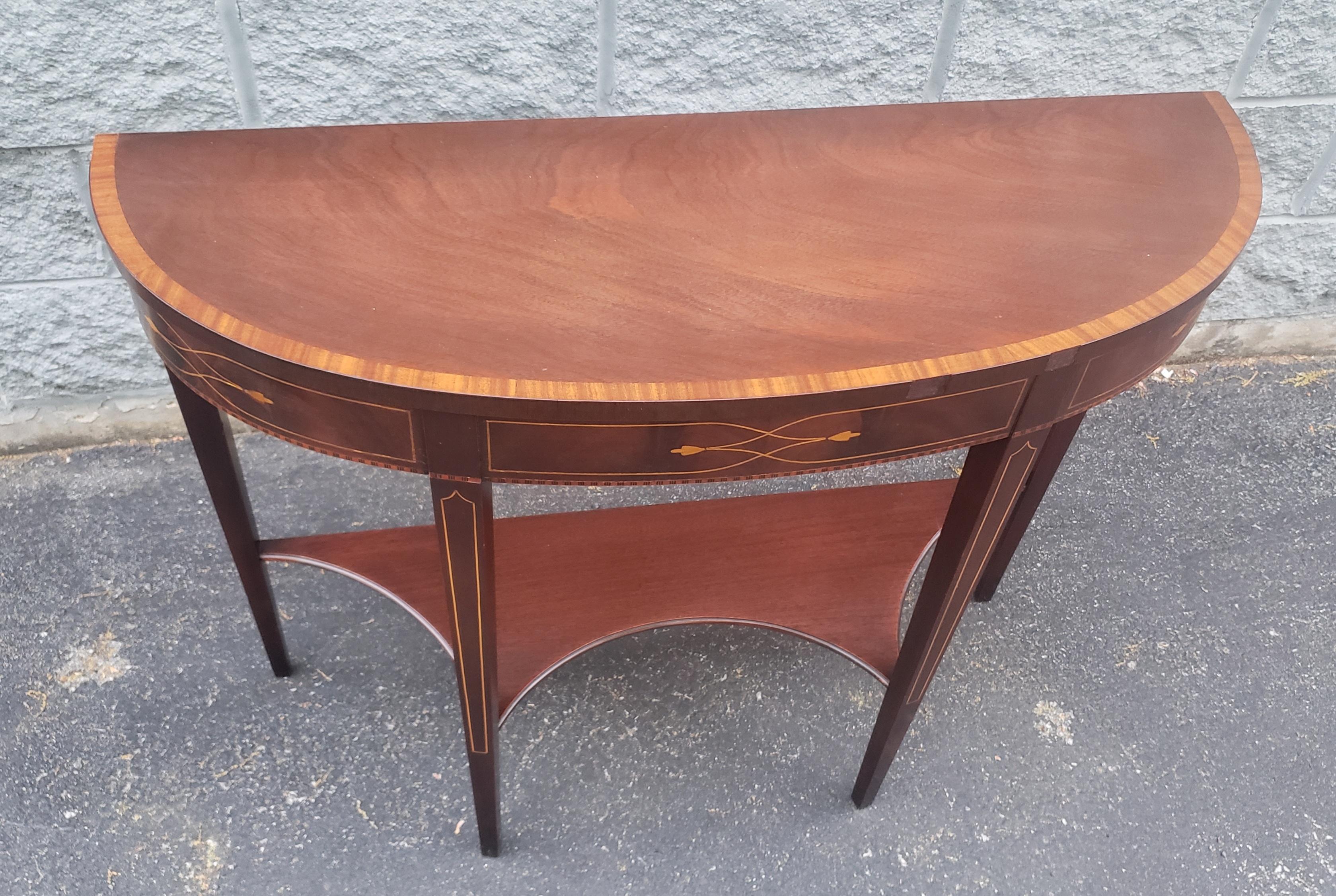 1930s Federal Two-Tier Mahogany and Satinwood Inlaid Demilune Console Table 2