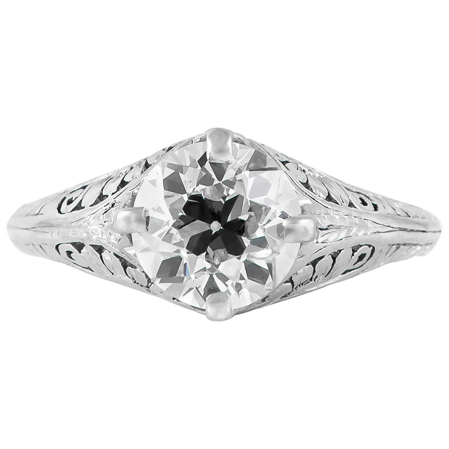 1930s Filigree Platinum Setting with Four Prongs Engagement Ring For Sale