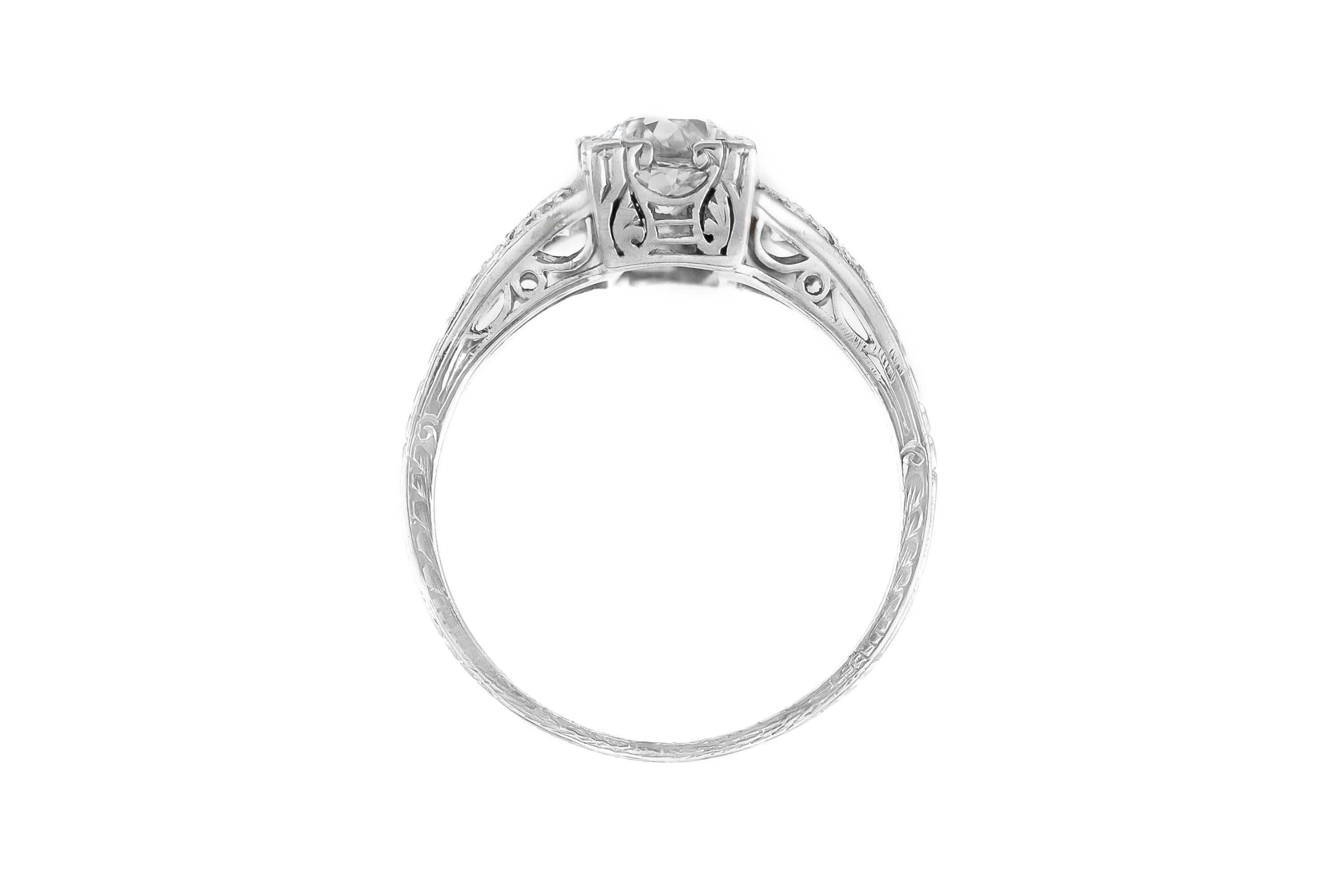 The ring is finely crafted in platinum WITH DIAMONDS WEIGHING APPROXIMATELY TOTAL OF 1.50.
Approximately Color I   Clarity VS
Size 5.00 (easy to resize)
Circa 1930.