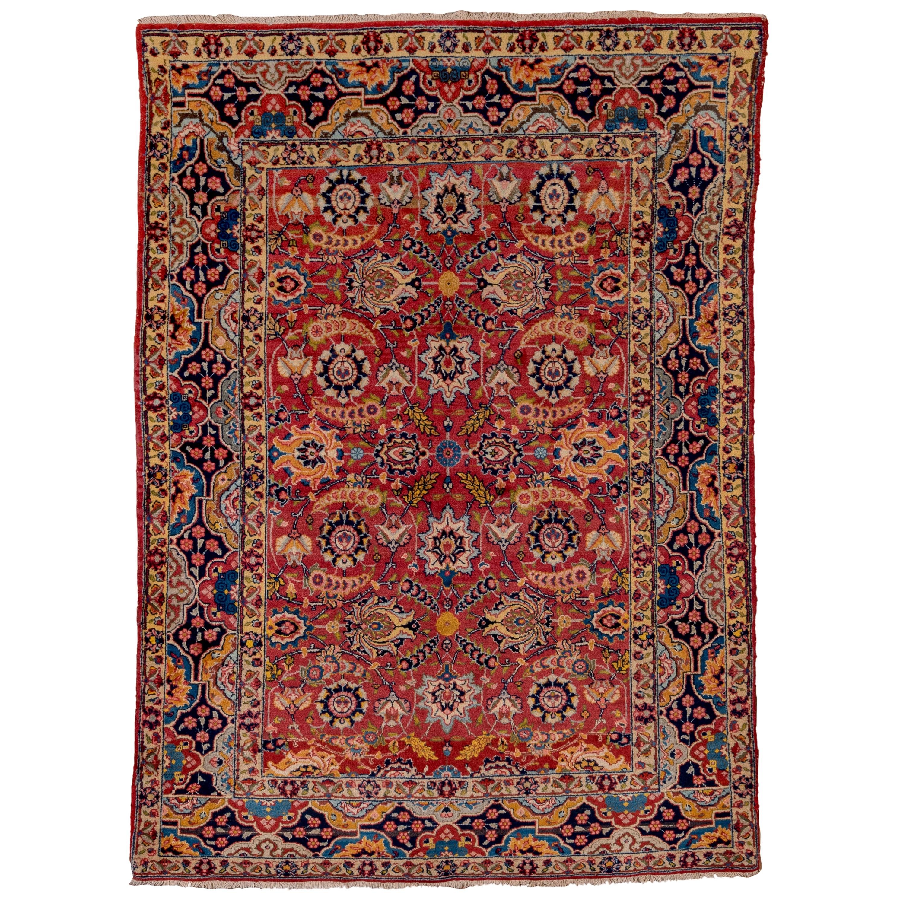 1930s Fine Antique Persian Tabriz Rug, All-Over Red Field, Yellow & Navy Accents
