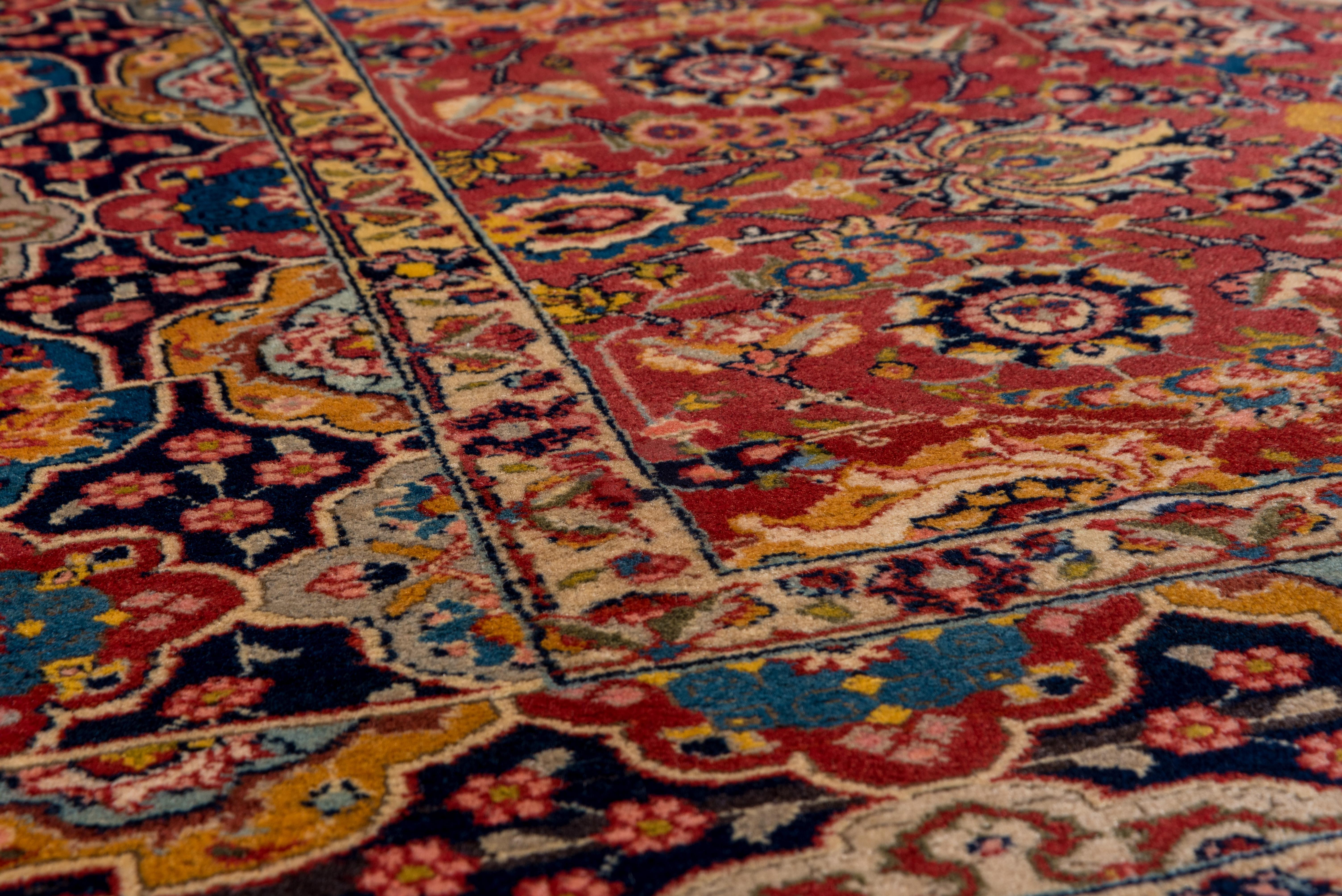 Hand-Knotted 1930s Fine Antique Persian Tabriz Rug, All-Over Red Field, Yellow & Navy Accents