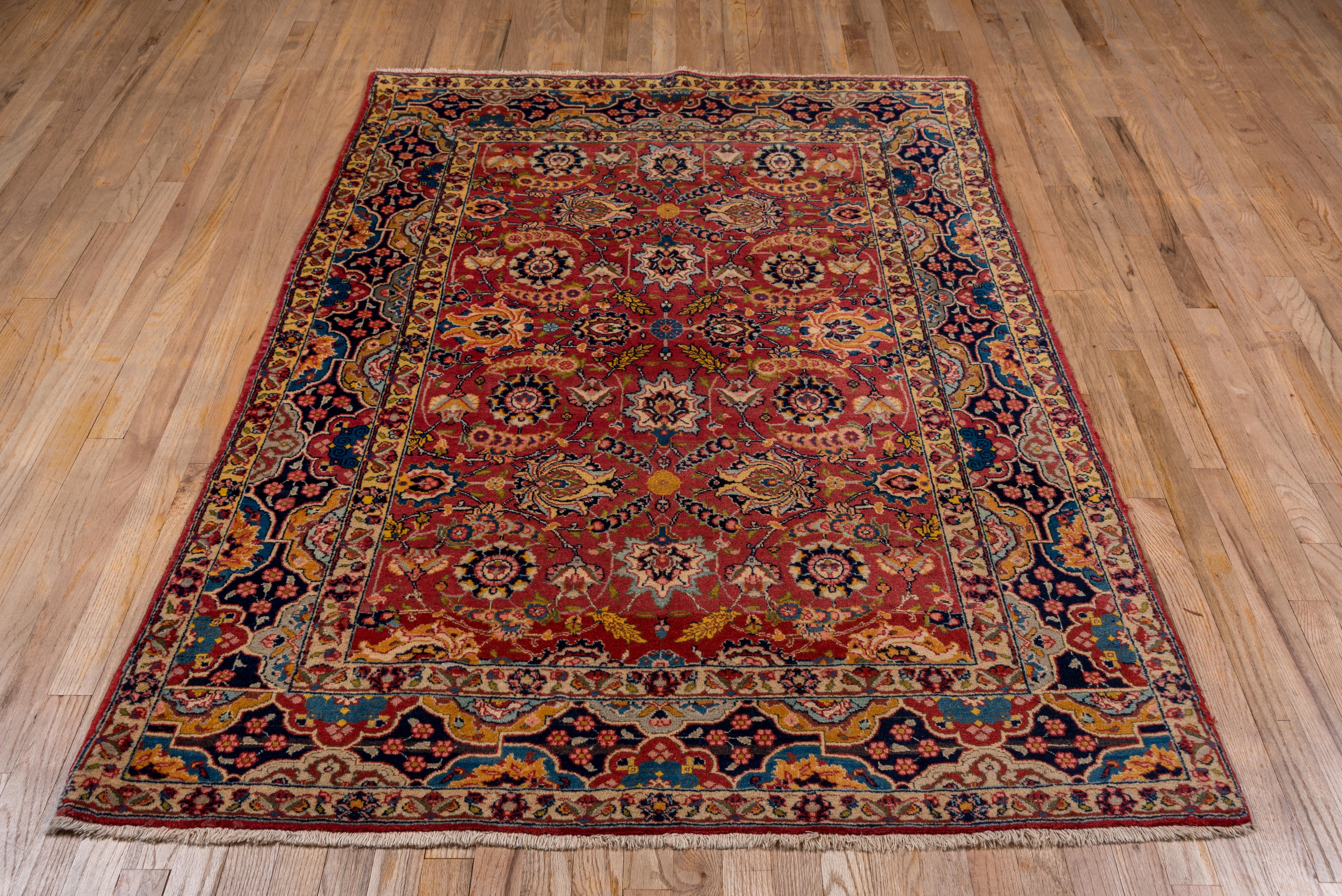 1930s Fine Antique Persian Tabriz Rug, All-Over Red Field, Yellow & Navy Accents In Good Condition In New York, NY