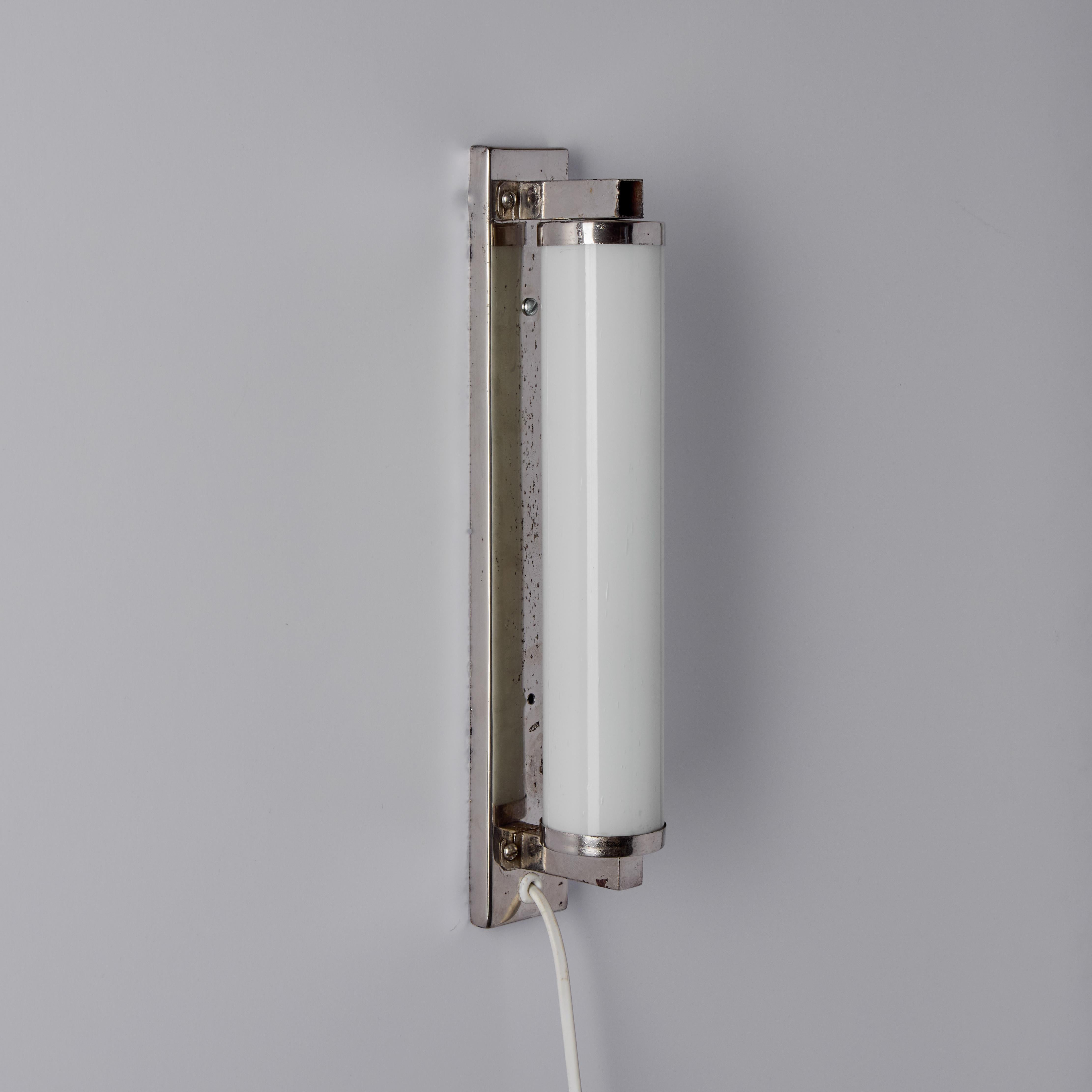 Metal 1930s Finnish Cylindrical Glass Plug-in Wall Lamp in the Manner of Paavo Tynell For Sale