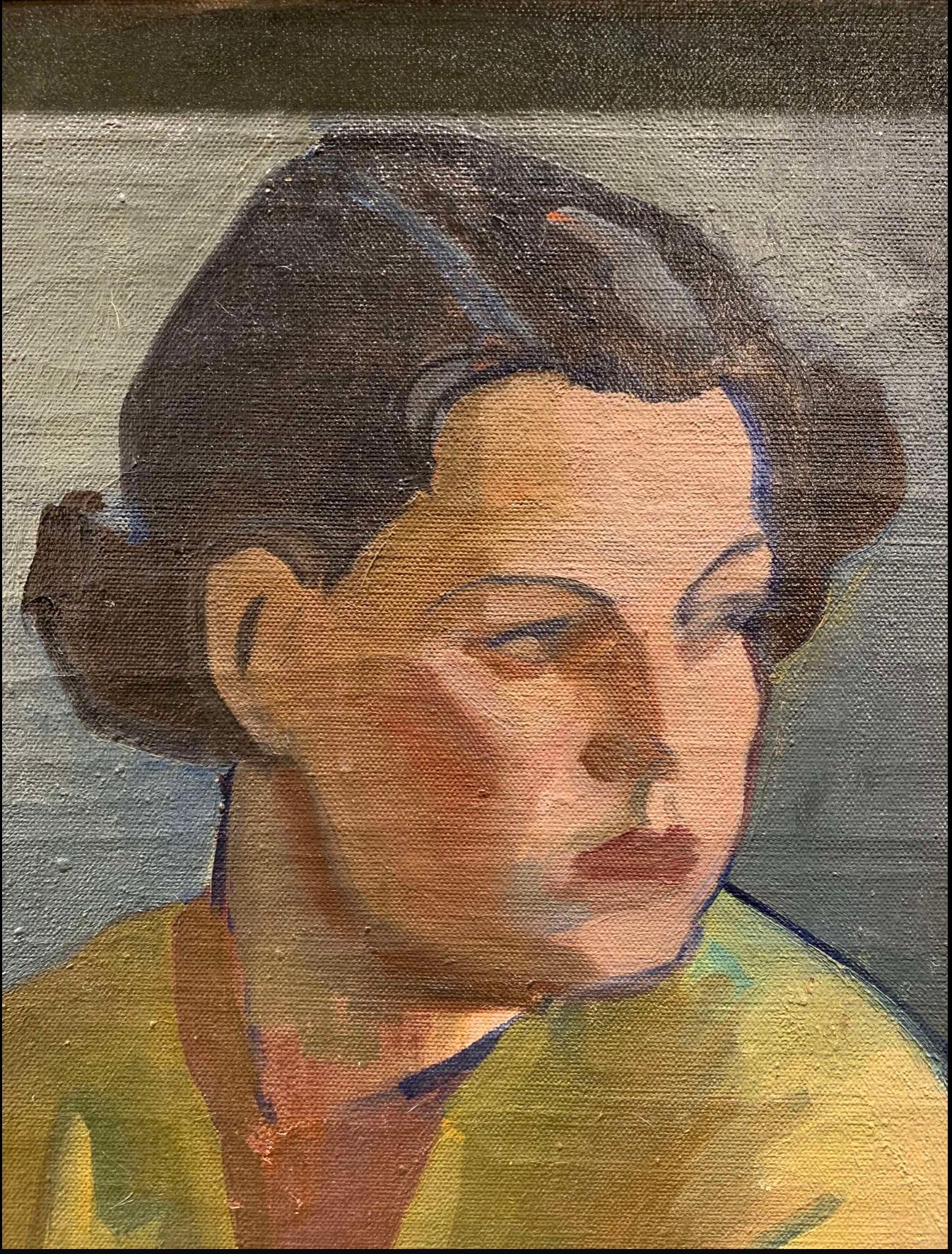 The subject is a rather beautiful seated young woman with a somewhat imperious expression and demeanour She is wearing a yellow dress which from its style and her hair we date to 1920s/1930s.
This striking painting is by Finnish artist Llmari Aalto,