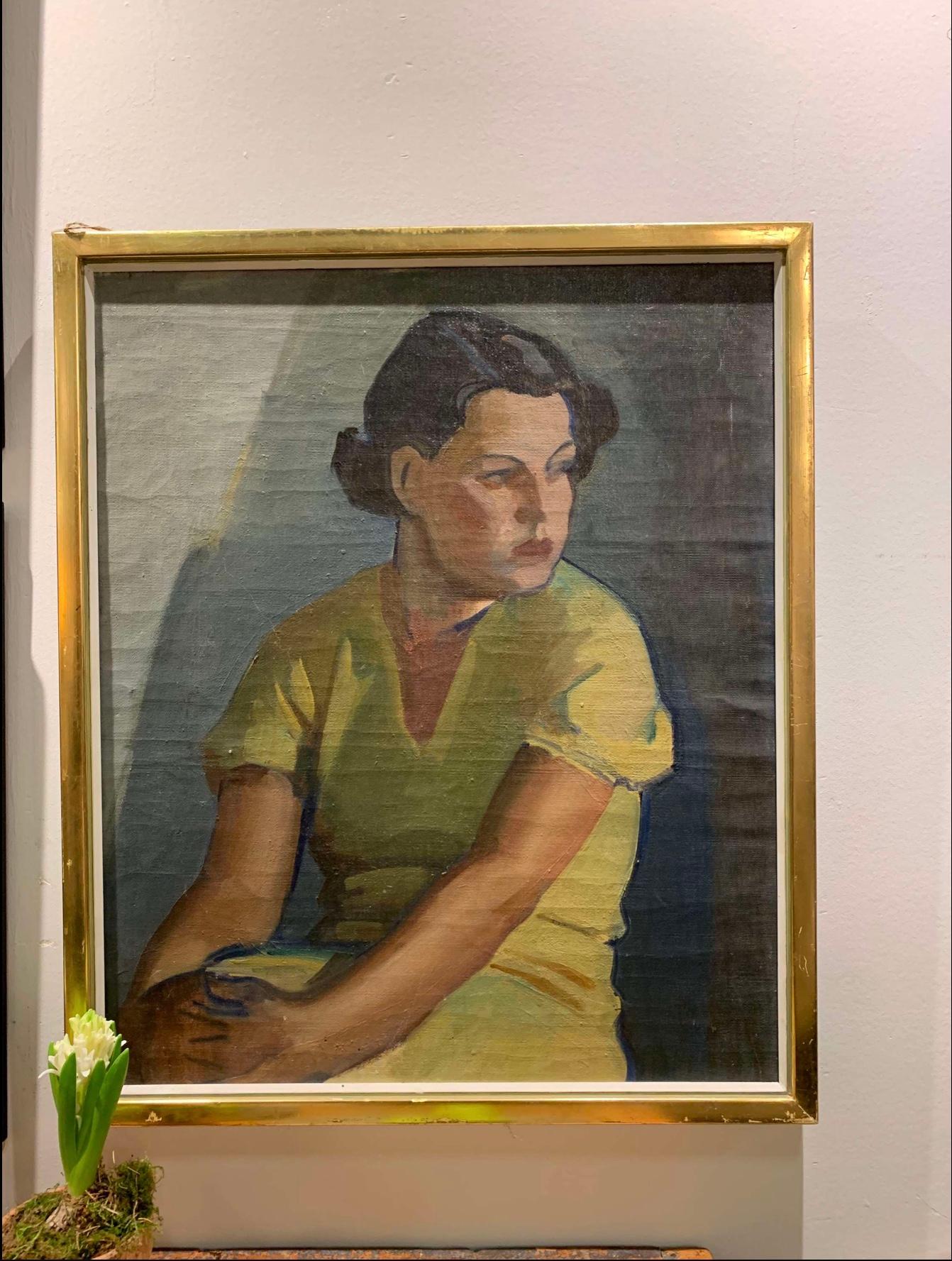 Oiled 1930s Finnish ‘young woman in a yellow dress’ oil on canvas artist Llmari Aalto For Sale