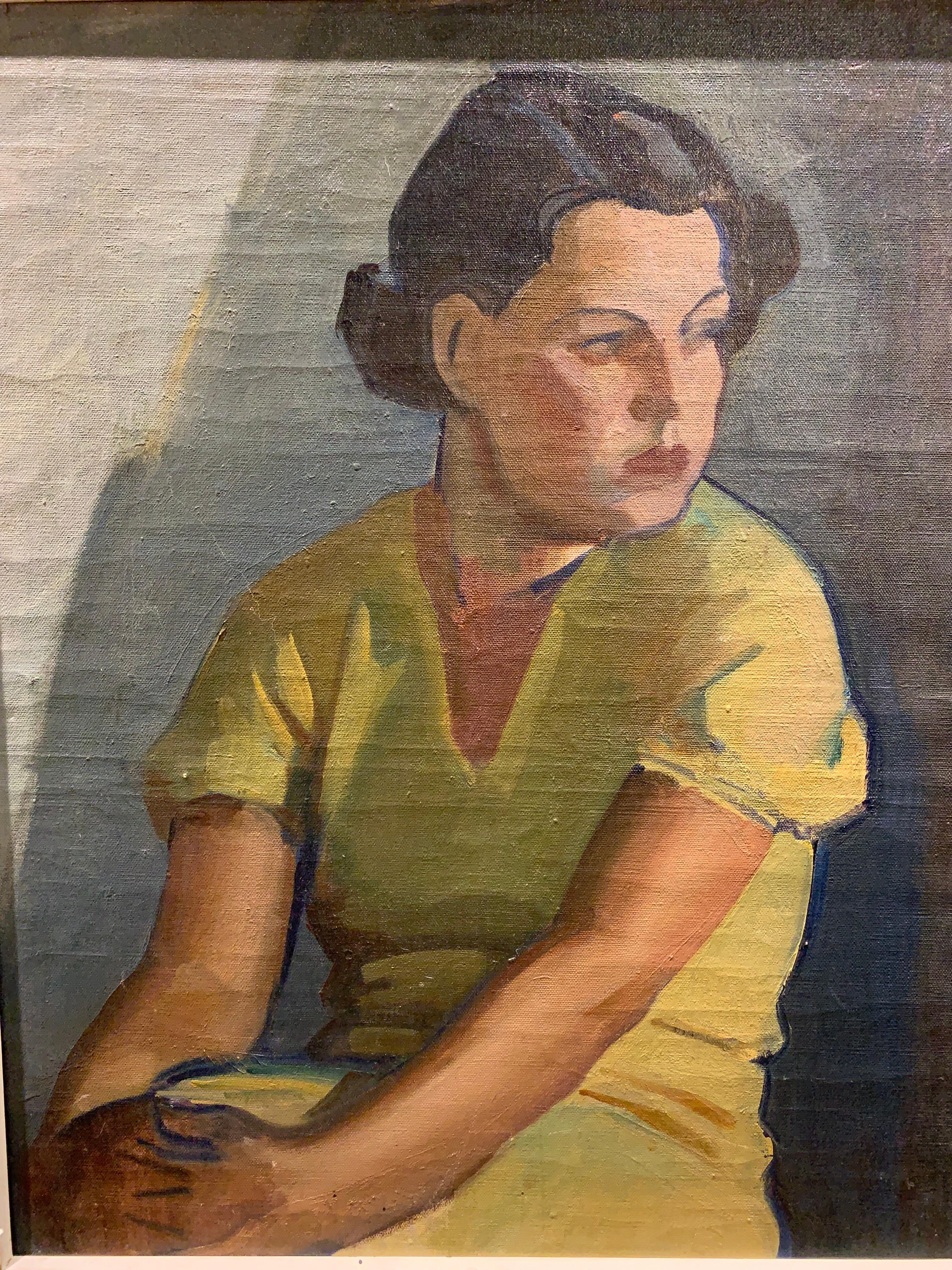 Art Deco 1930s Finnish 'Young Woman in a Yellow Dress' Oil on Canvas Artist Llmari Aalto For Sale