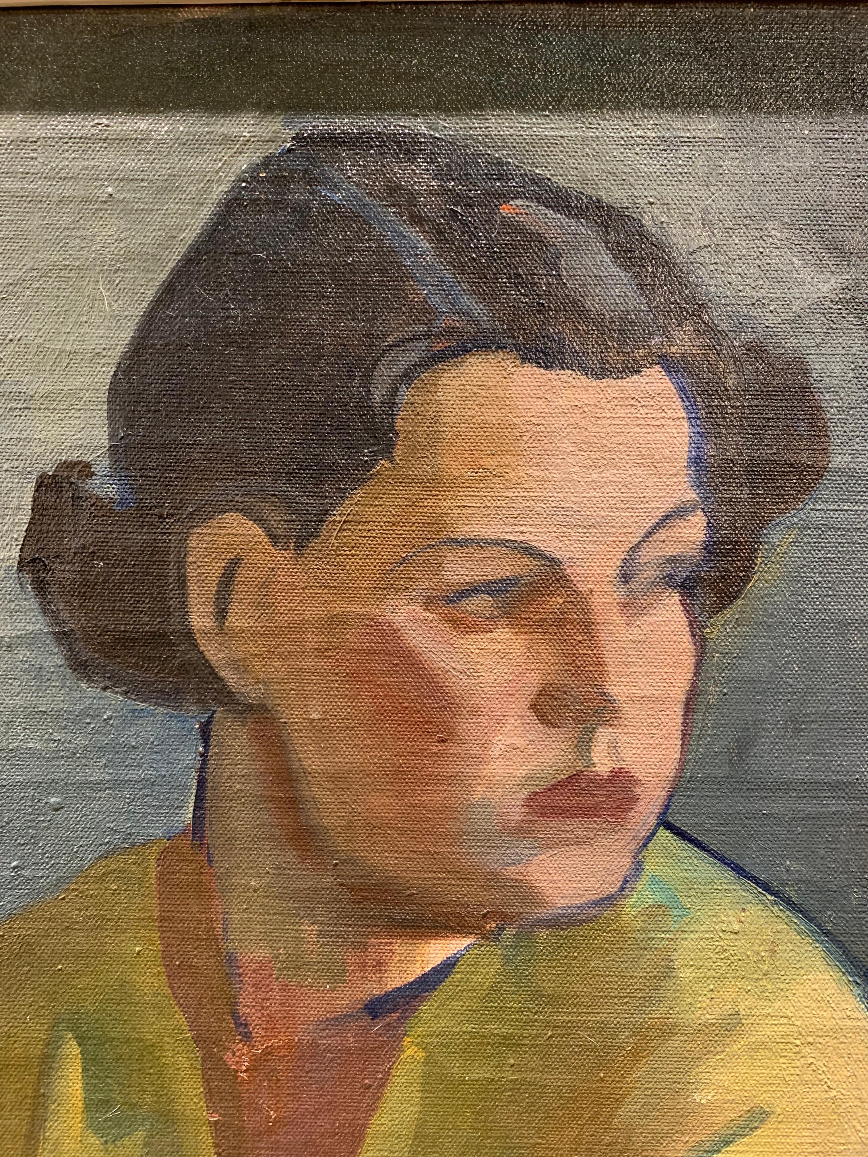 1930s Finnish 'Young Woman in a Yellow Dress' Oil on Canvas Artist Llmari Aalto In Good Condition For Sale In London, GB