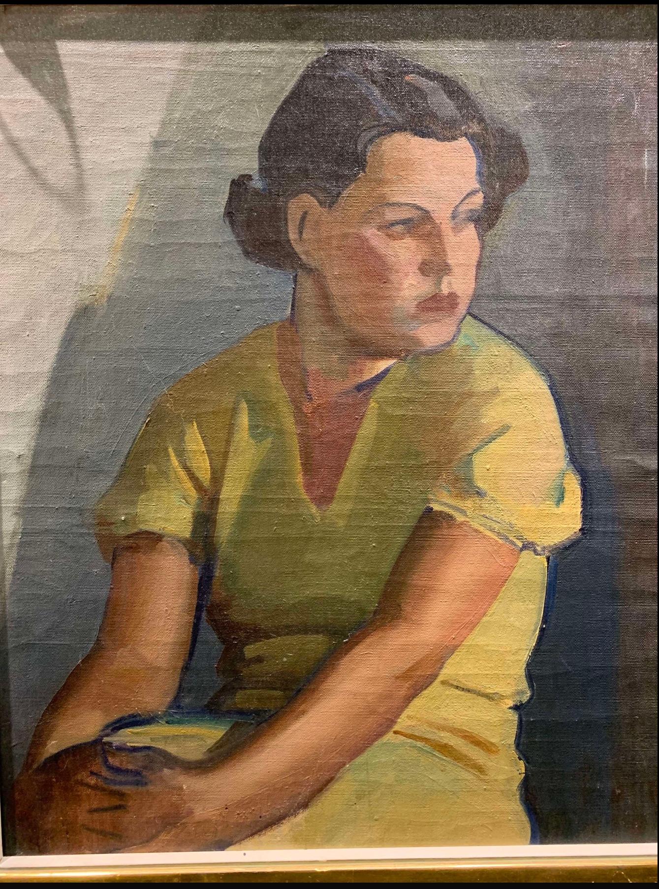 Paint 1930s Finnish ‘young woman in a yellow dress’ oil on canvas artist Llmari Aalto For Sale