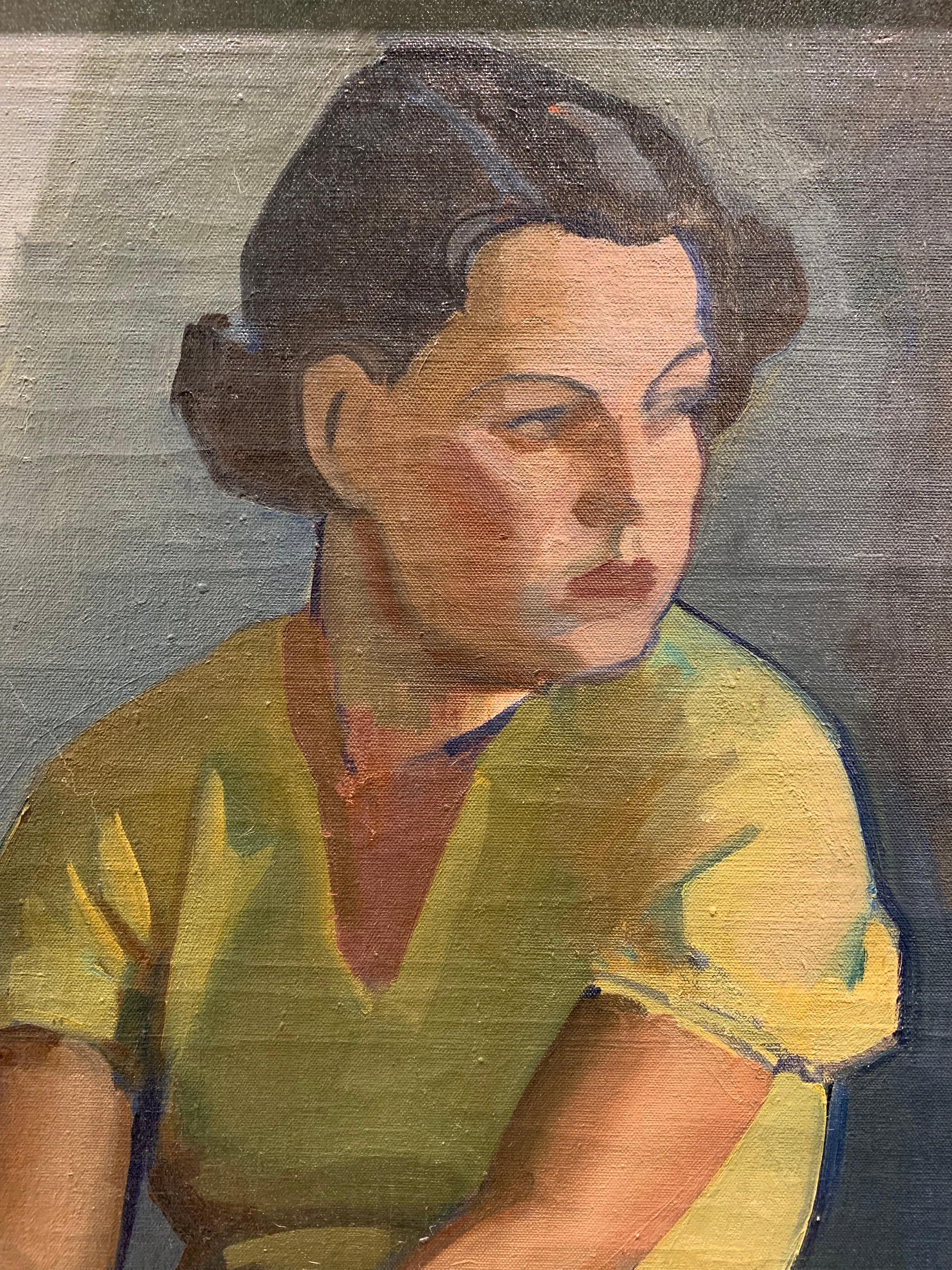 Wood 1930s Finnish 'Young Woman in a Yellow Dress' Oil on Canvas Artist Llmari Aalto For Sale