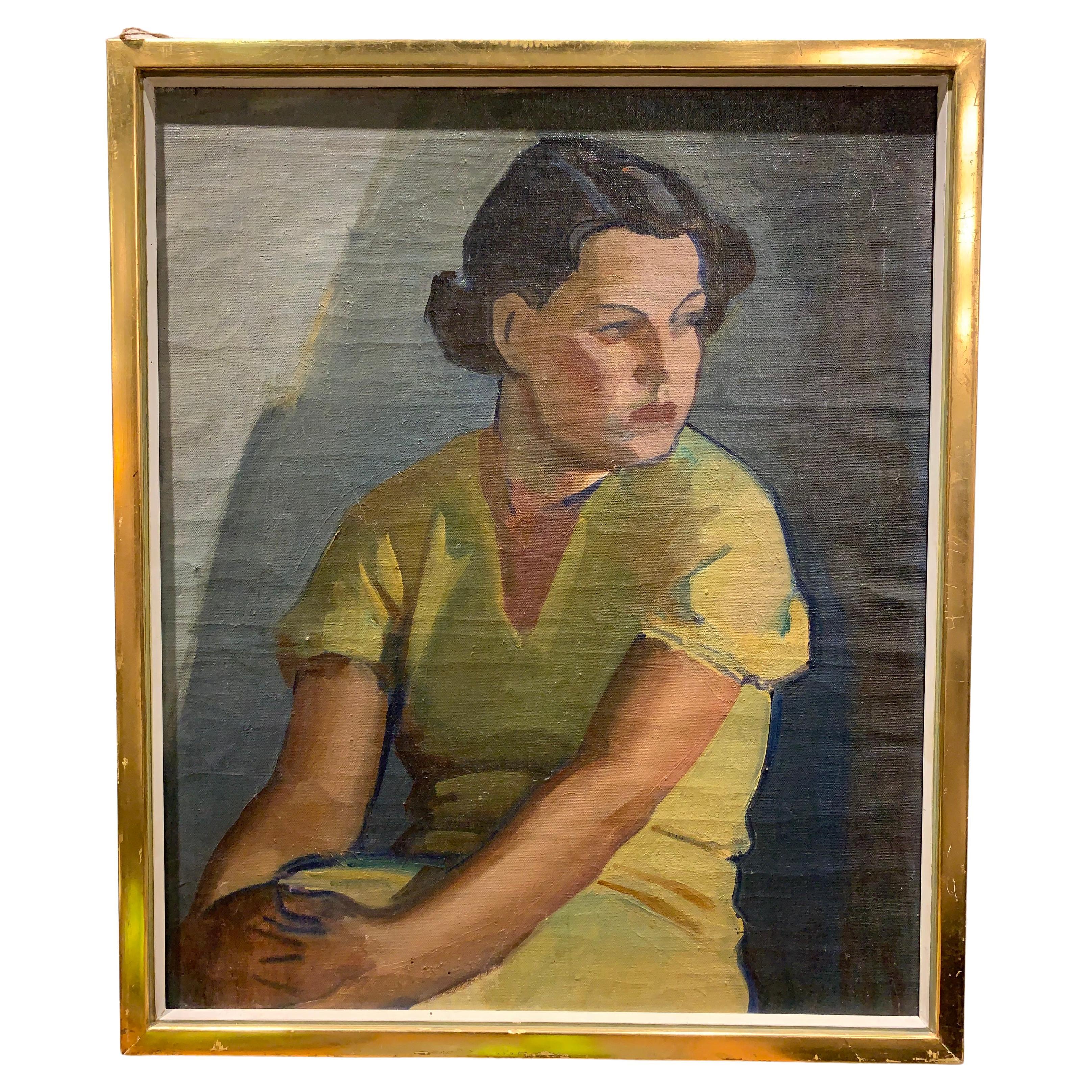 1930s Finnish 'Young Woman in a Yellow Dress' Oil on Canvas Artist Llmari Aalto For Sale