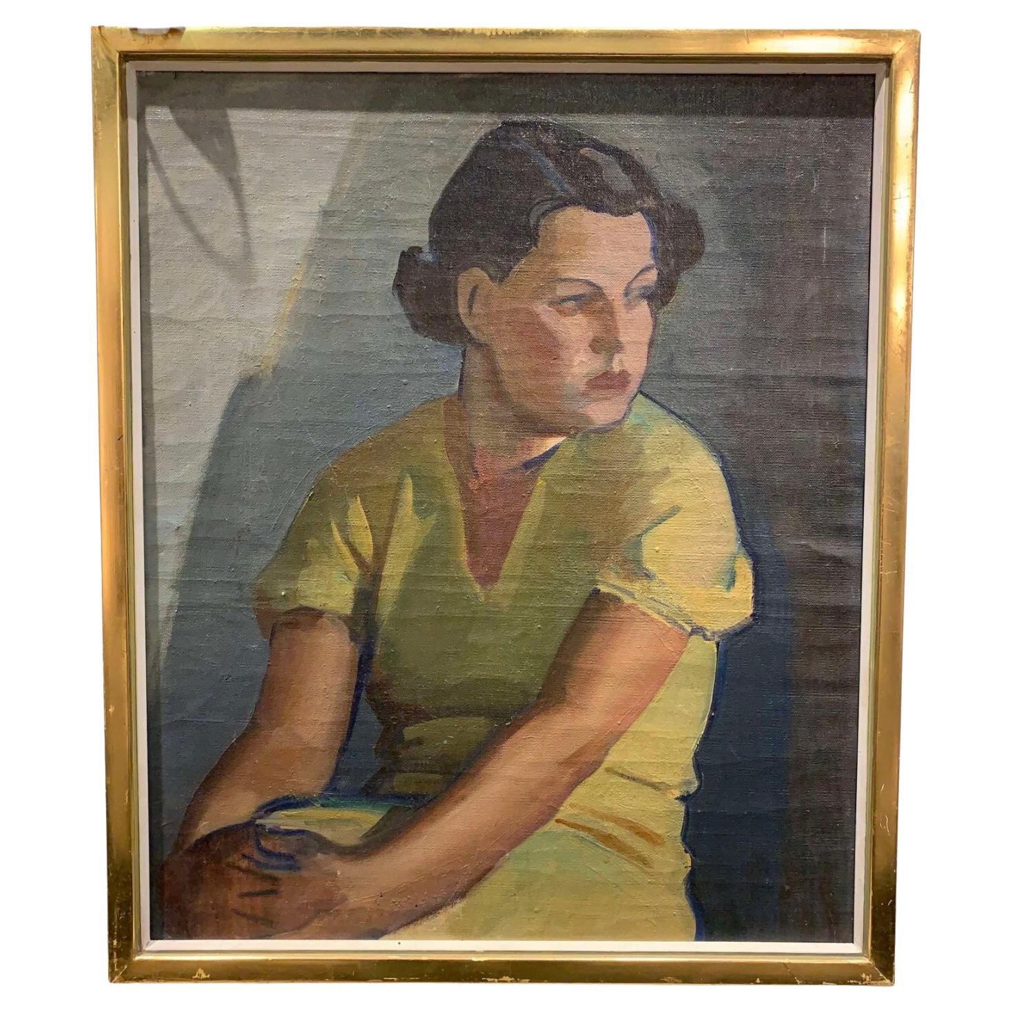 1930 óleo sobre lienzo finlandés "joven con vestido amarillo" artista Llmari Aalto
