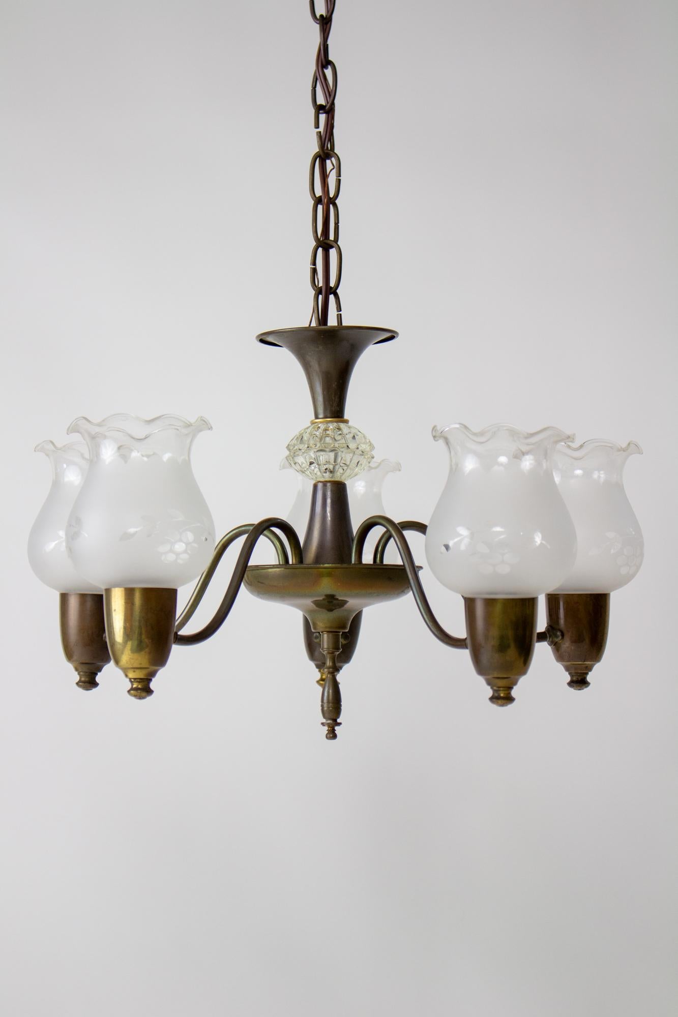 1930's Five Light Art Deco Chandelier In Good Condition In Canton, MA