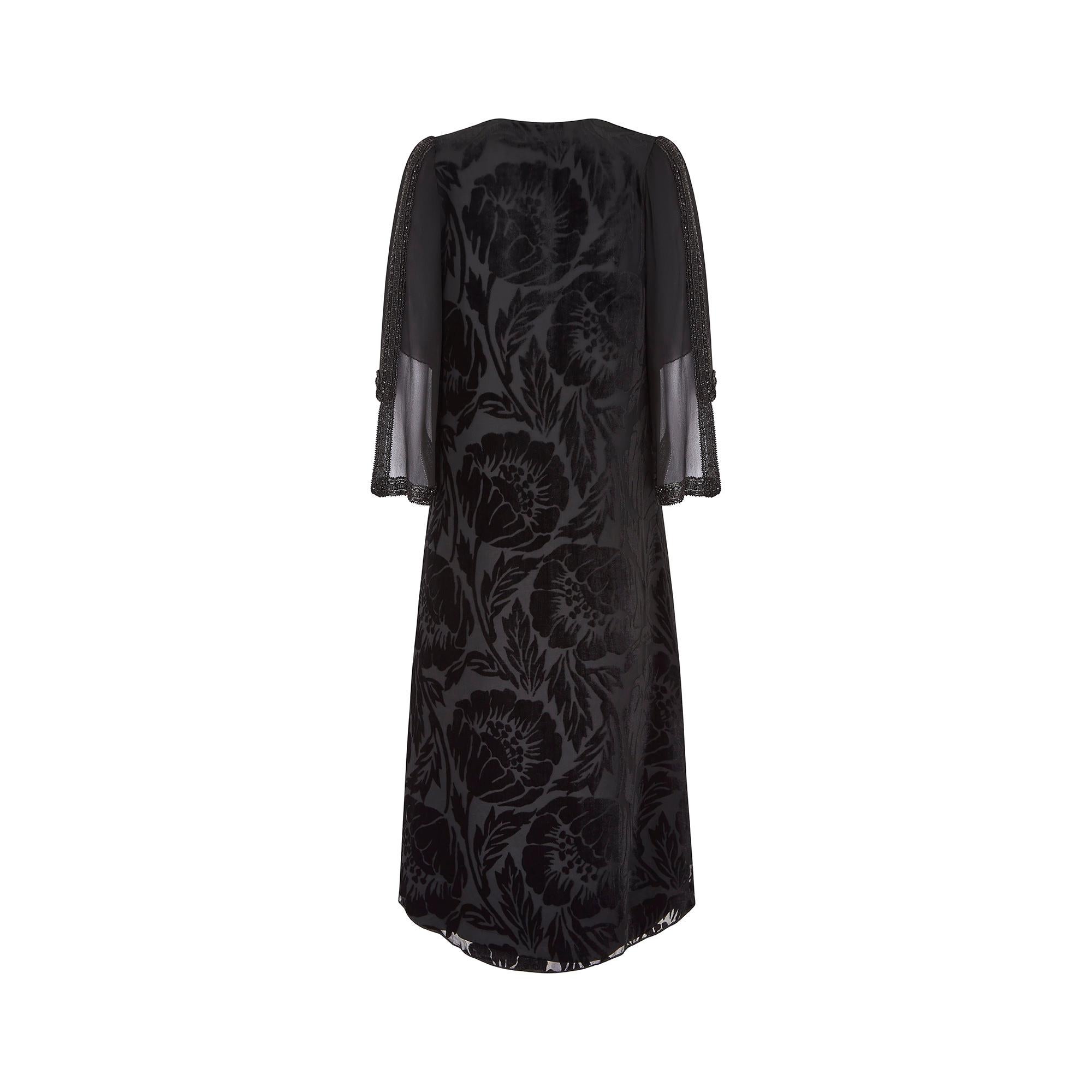 Women's 1930s Floral Black Burnout Velvet Dress with Fluted Sleeves For Sale