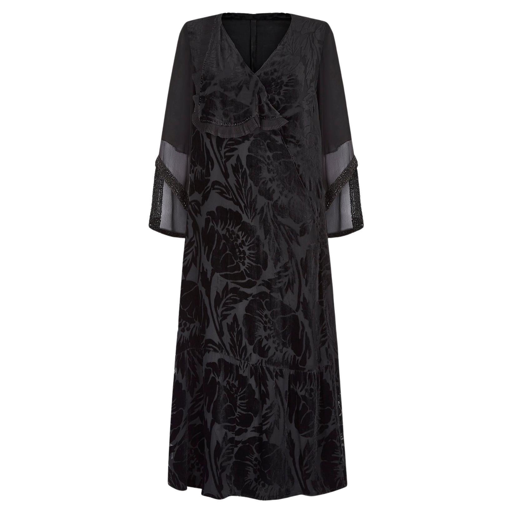 1930s Floral Black Burnout Velvet Dress with Fluted Sleeves For Sale