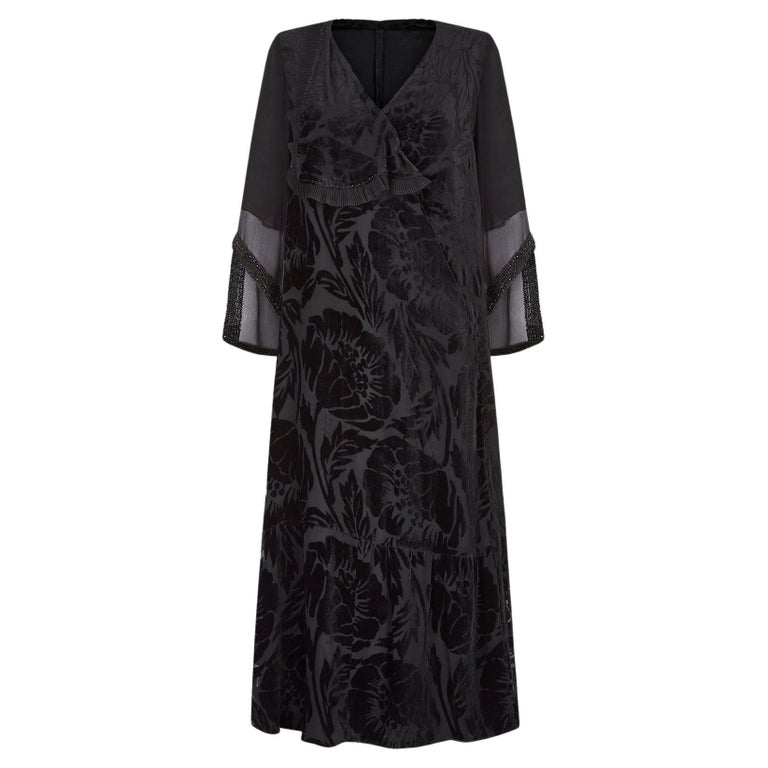 1930s Floral Black Burnout Velvet Dress with Fluted Sleeves For Sale at ...