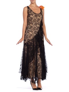1920S Black Silk Chantilly Lace  Flowy Cocktail Dress With Original Slip And Fl