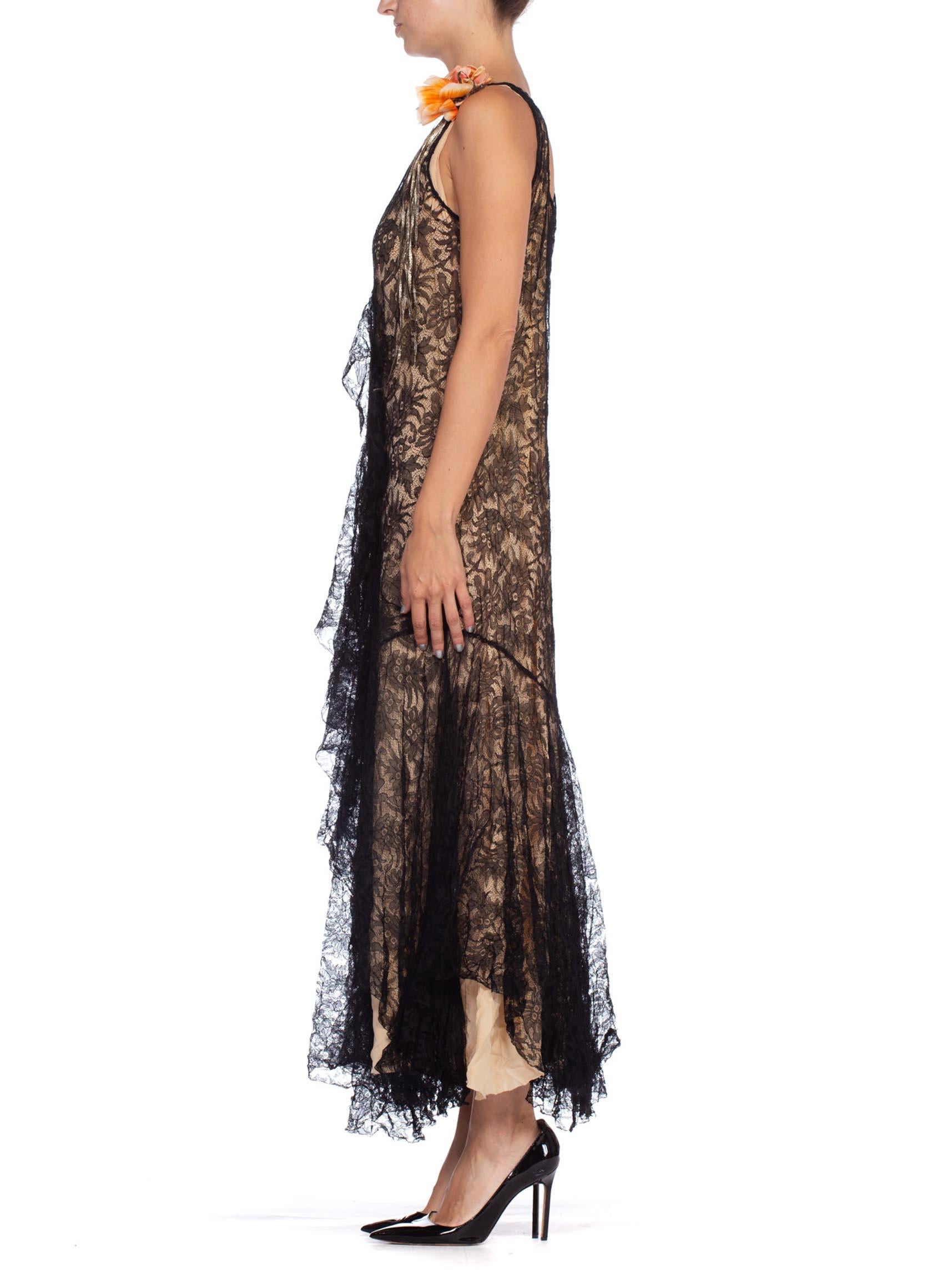 Women's 1920S Black Silk Chantilly Lace  Flowy Cocktail Dress With Original Slip And Fl For Sale