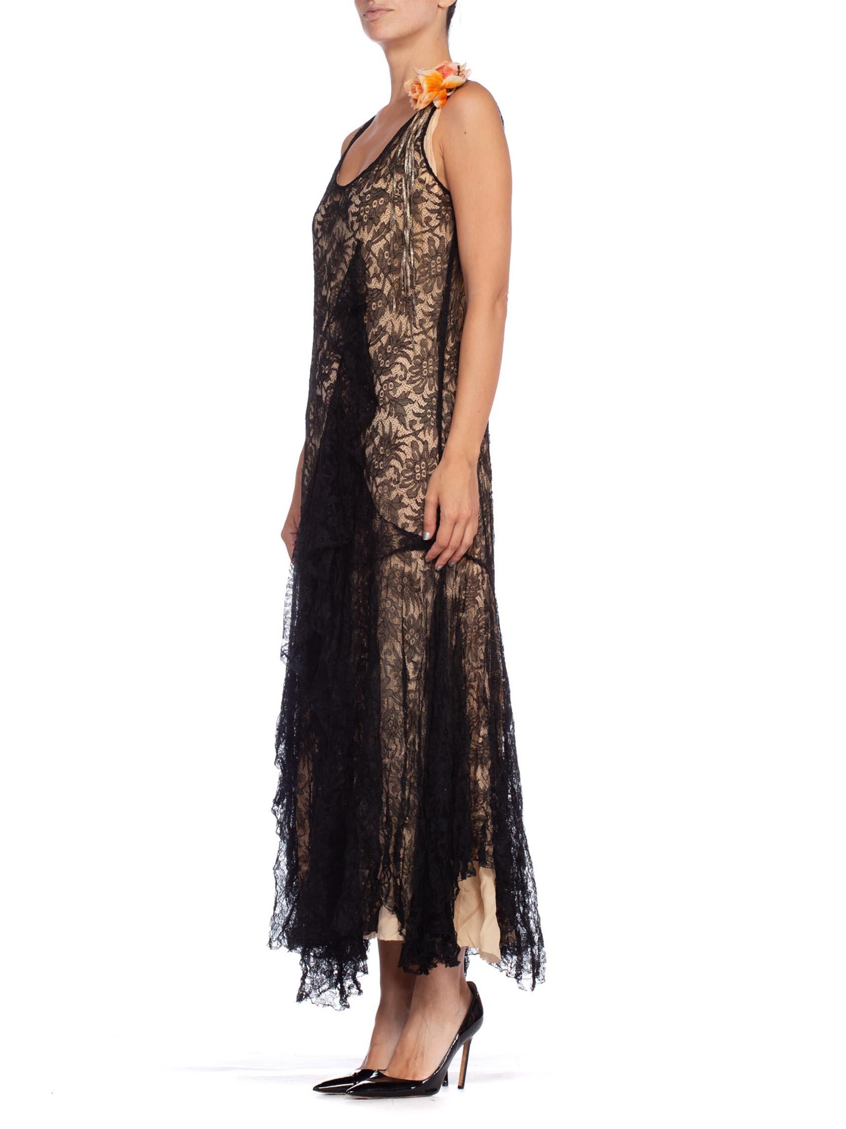 1920S Black Silk Chantilly Lace  Flowy Cocktail Dress With Original Slip And Fl For Sale 1