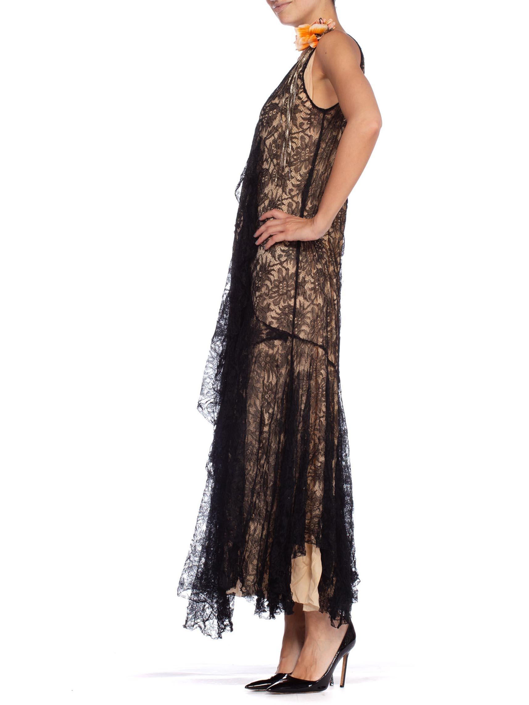 1920S Black Silk Chantilly Lace  Flowy Cocktail Dress With Original Slip And Fl For Sale 3