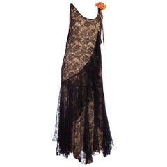 1920S Black Silk Chantilly Lace  Flowy Cocktail Dress With Original Slip And Fl