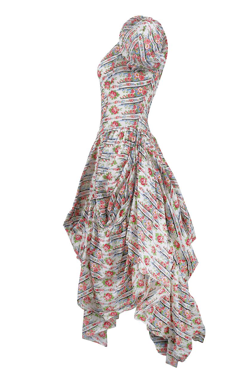Gray 1930s Floral Cotton Polynesian Style Dress For Sale