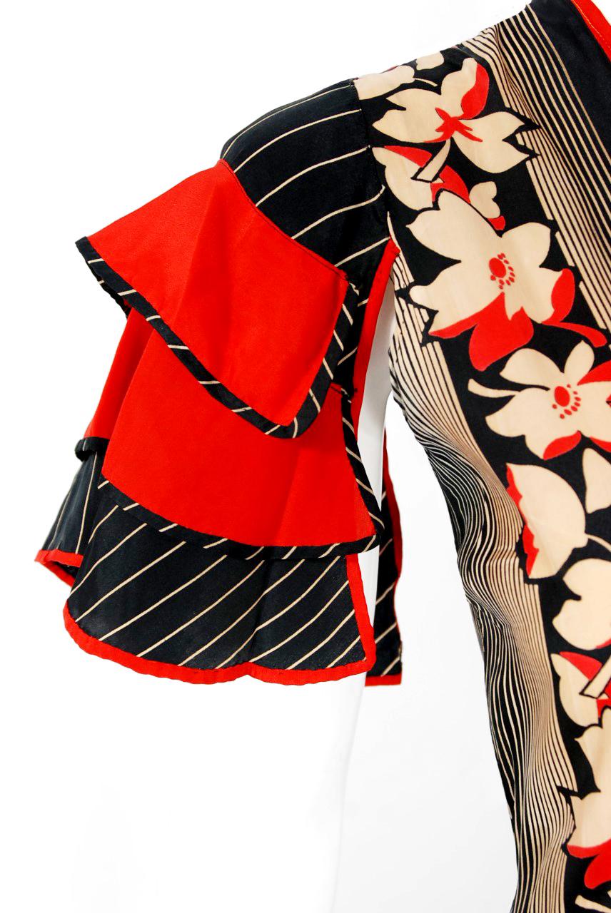 Women's 1930's Floral Deco Stripe Print Silk Tiered Ruffle Split-Sleeve Day Dress