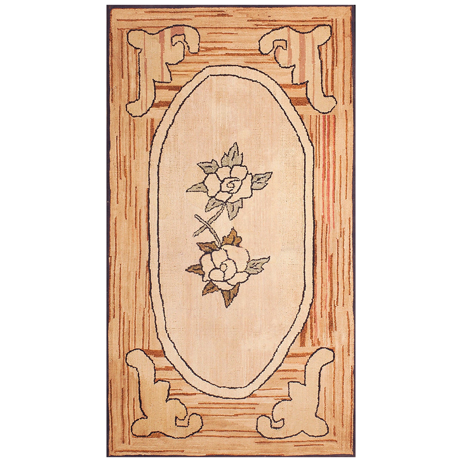 1930s Floral Design Ivory Ground Antique American Hooked Rug 2
6" x 4
2" Carpet For Sale