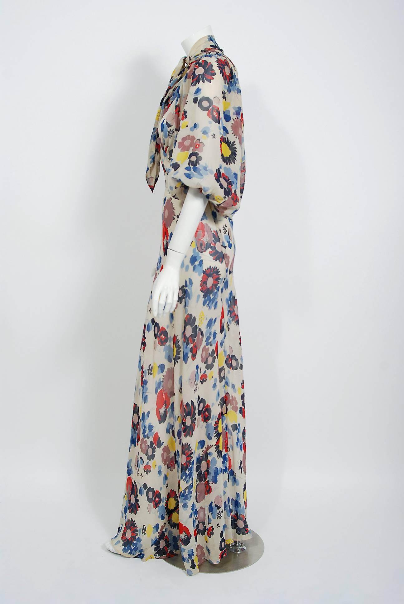 Gray 1930's Floral Garden Print Chiffon Bias-Cut Gown & Billow-Sleeve Smocked Jacket 