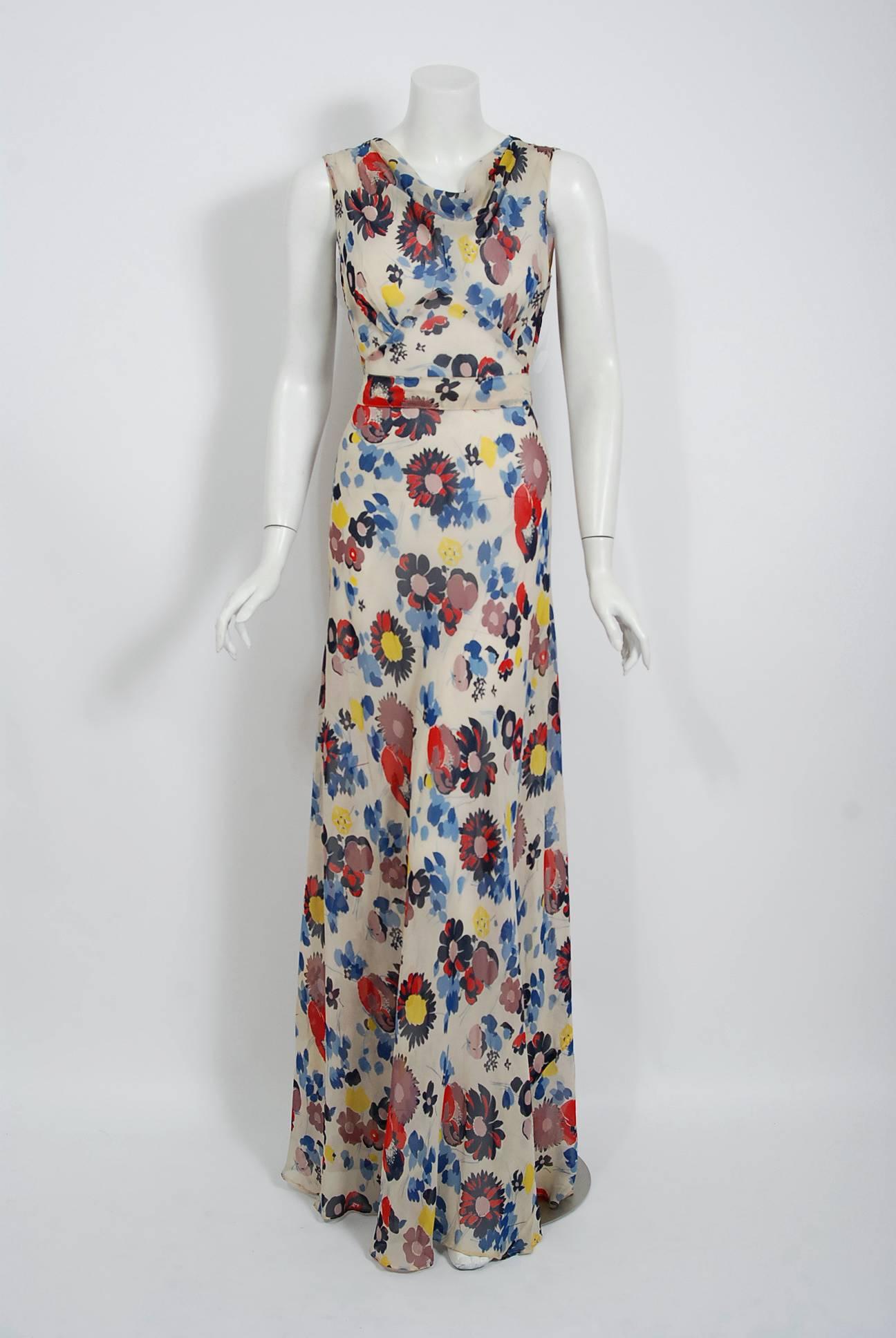 1930's Floral Garden Print Chiffon Bias-Cut Gown & Billow-Sleeve Smocked Jacket  In Good Condition In Beverly Hills, CA
