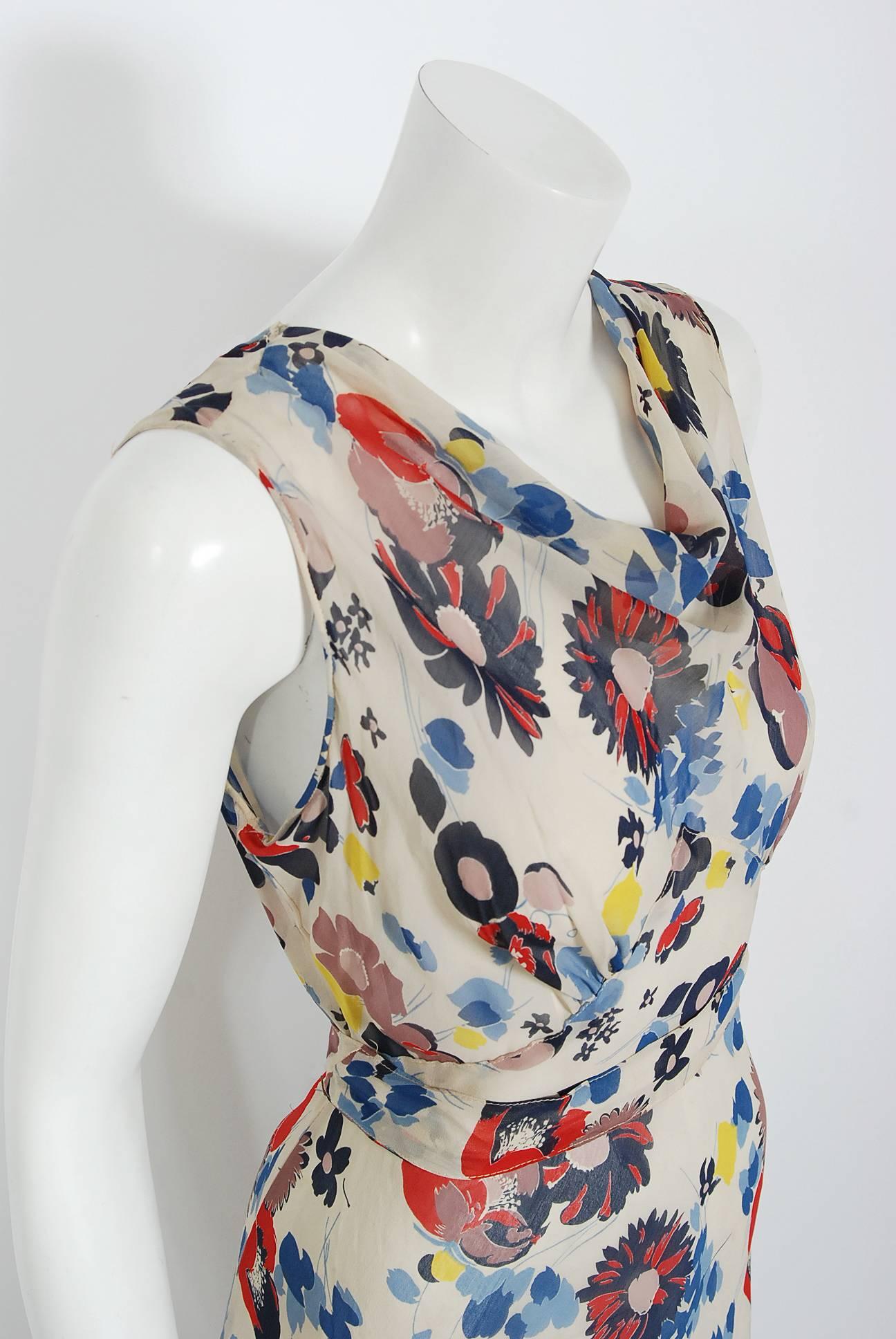 Women's 1930's Floral Garden Print Chiffon Bias-Cut Gown & Billow-Sleeve Smocked Jacket 