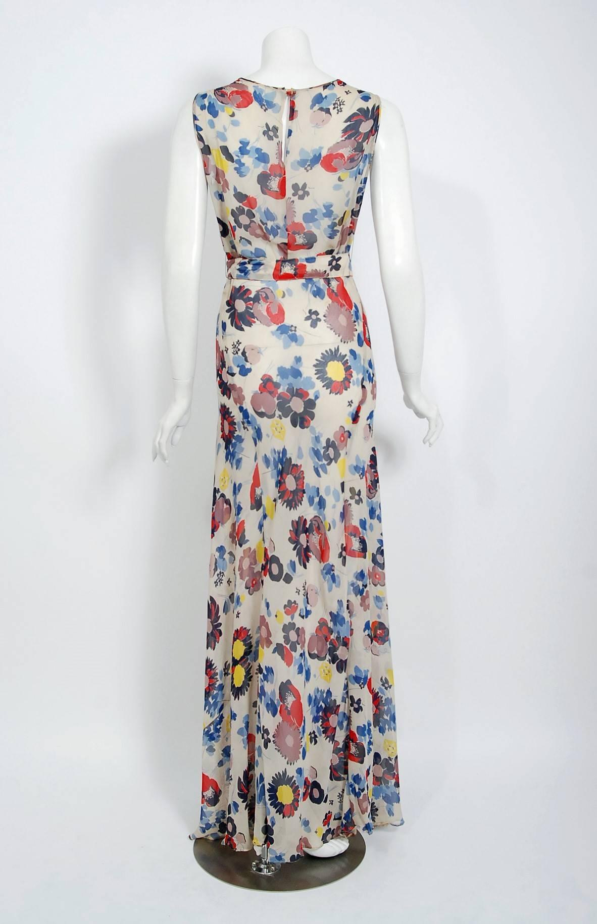 1930's Floral Garden Print Chiffon Bias-Cut Gown & Billow-Sleeve Smocked Jacket  2