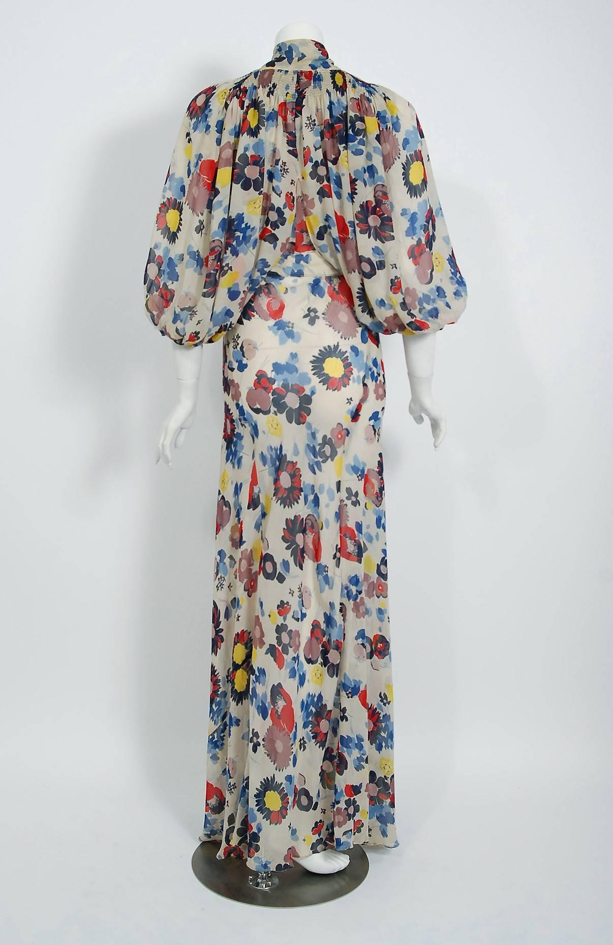 1930's Floral Garden Print Chiffon Bias-Cut Gown & Billow-Sleeve Smocked Jacket  3