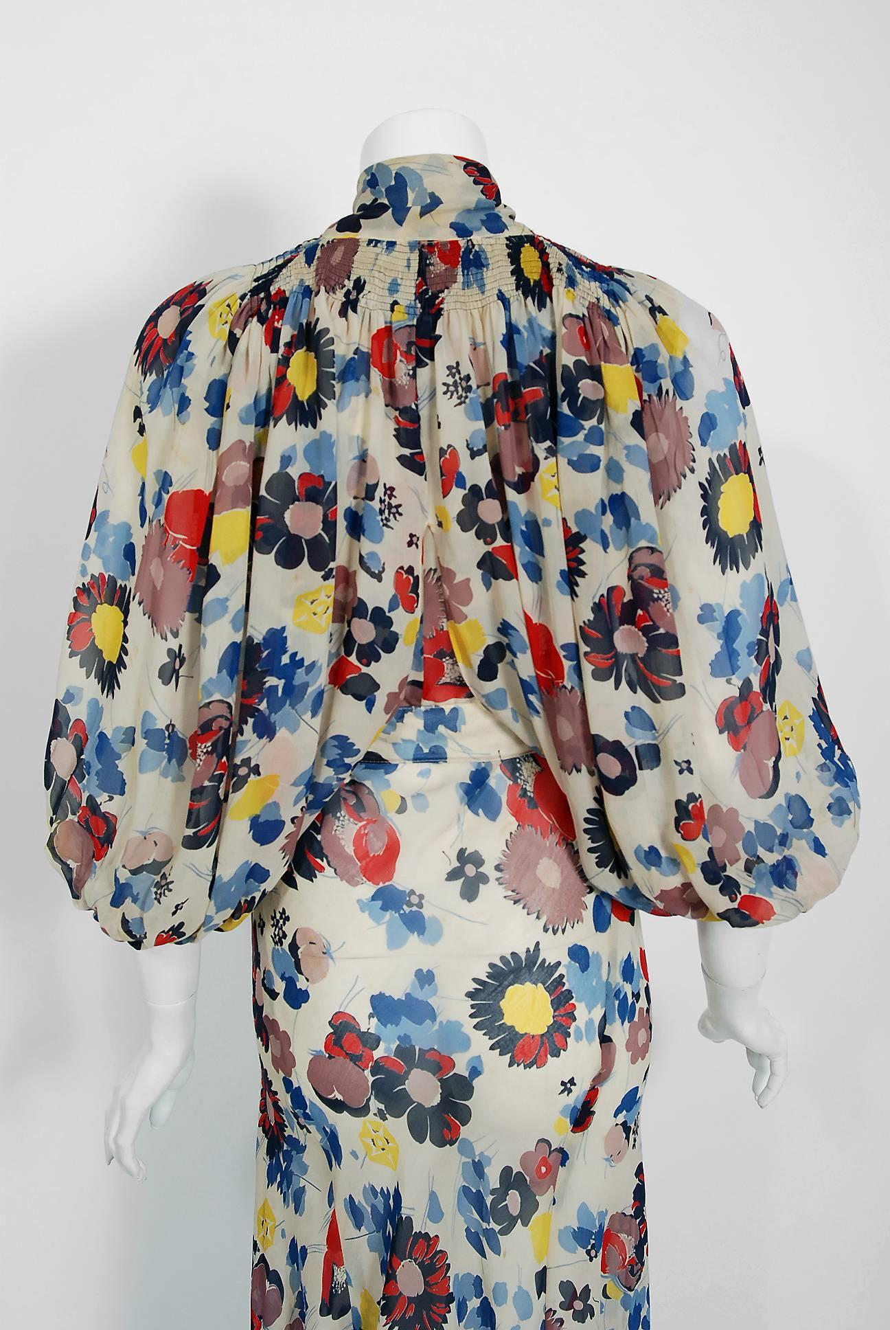 1930's Floral Garden Print Chiffon Bias-Cut Gown & Billow-Sleeve Smocked Jacket  4