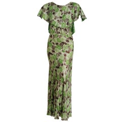 1930's Floral Garden Print Green Brown Deco Satin Belted Bias-Cut Capelet Gown