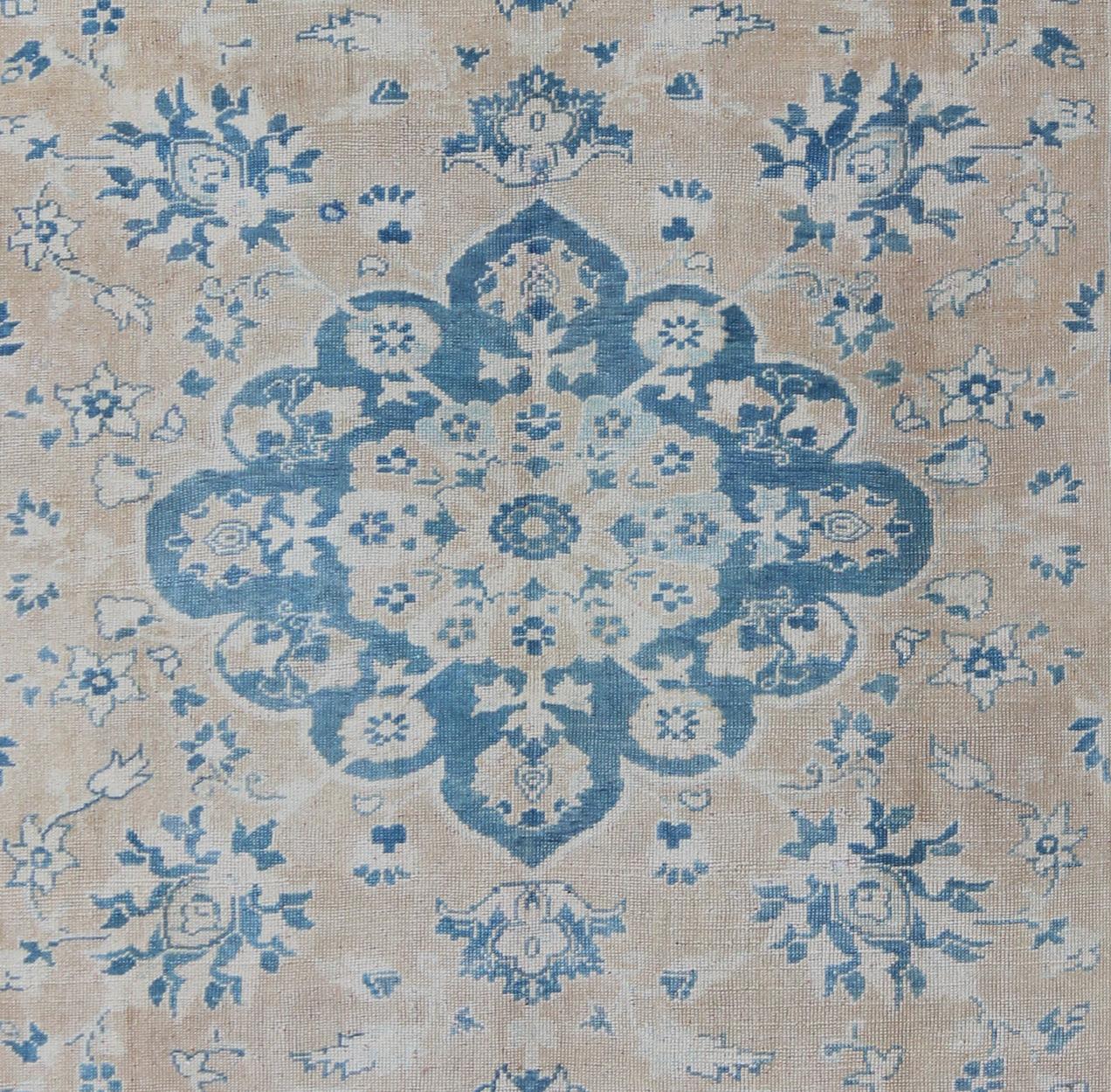 Hand-Knotted 1930's Floral Medallion Turkish Oushak Rug in Butter Yellow and Blue