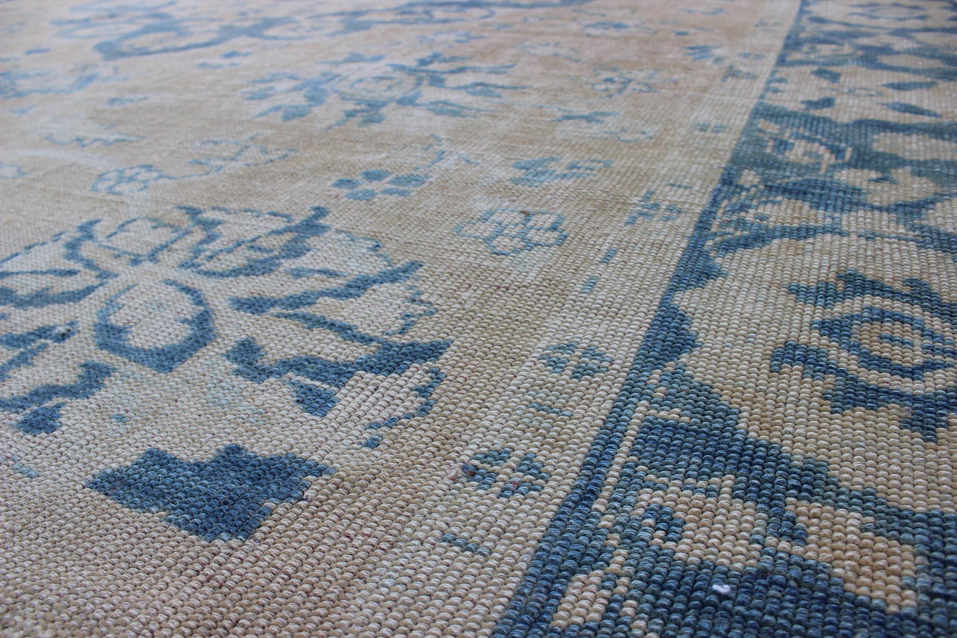 1930's Floral Medallion Turkish Oushak Rug in Butter Yellow and Blue In Good Condition In Atlanta, GA