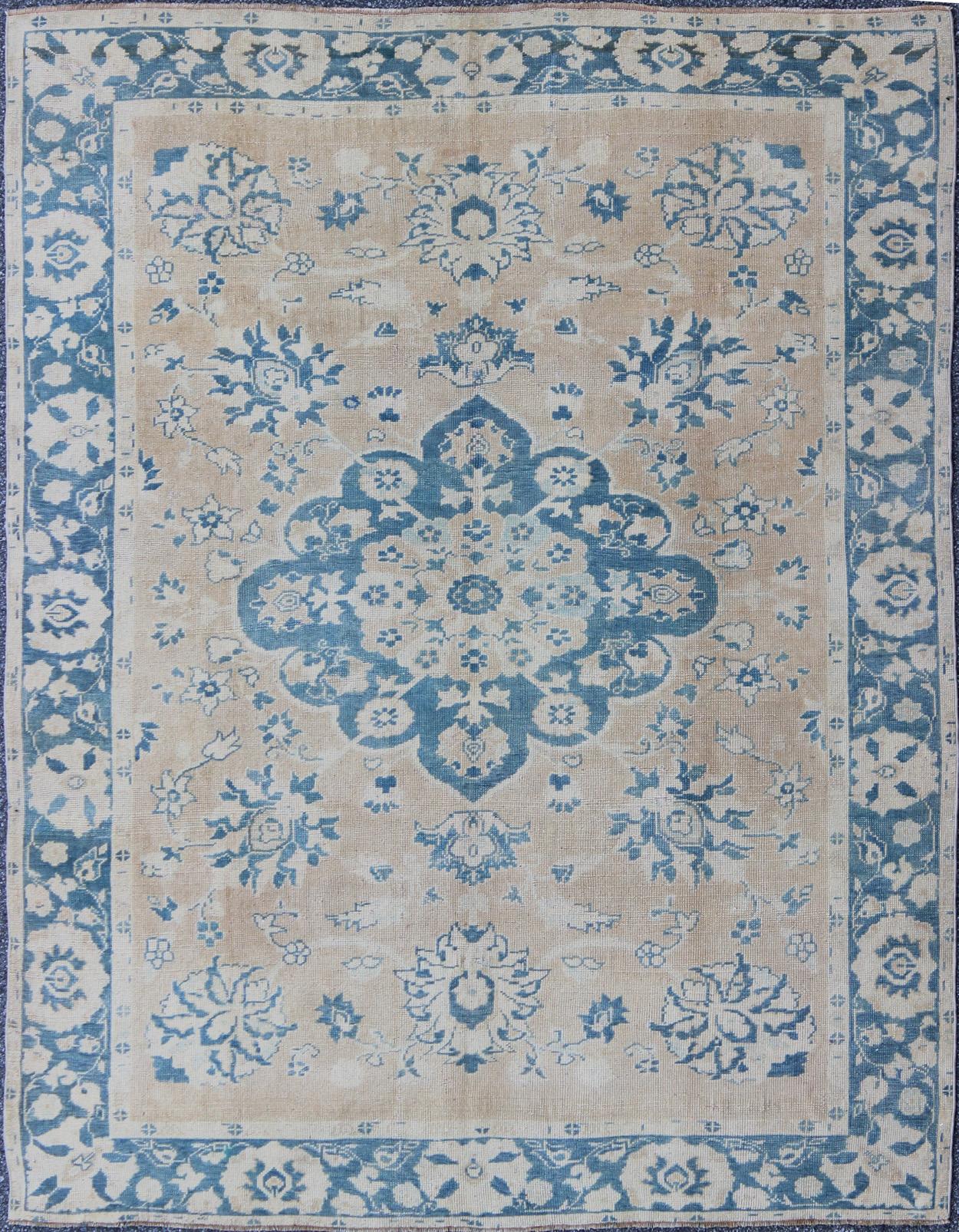 Wool 1930's Floral Medallion Turkish Oushak Rug in Butter Yellow and Blue