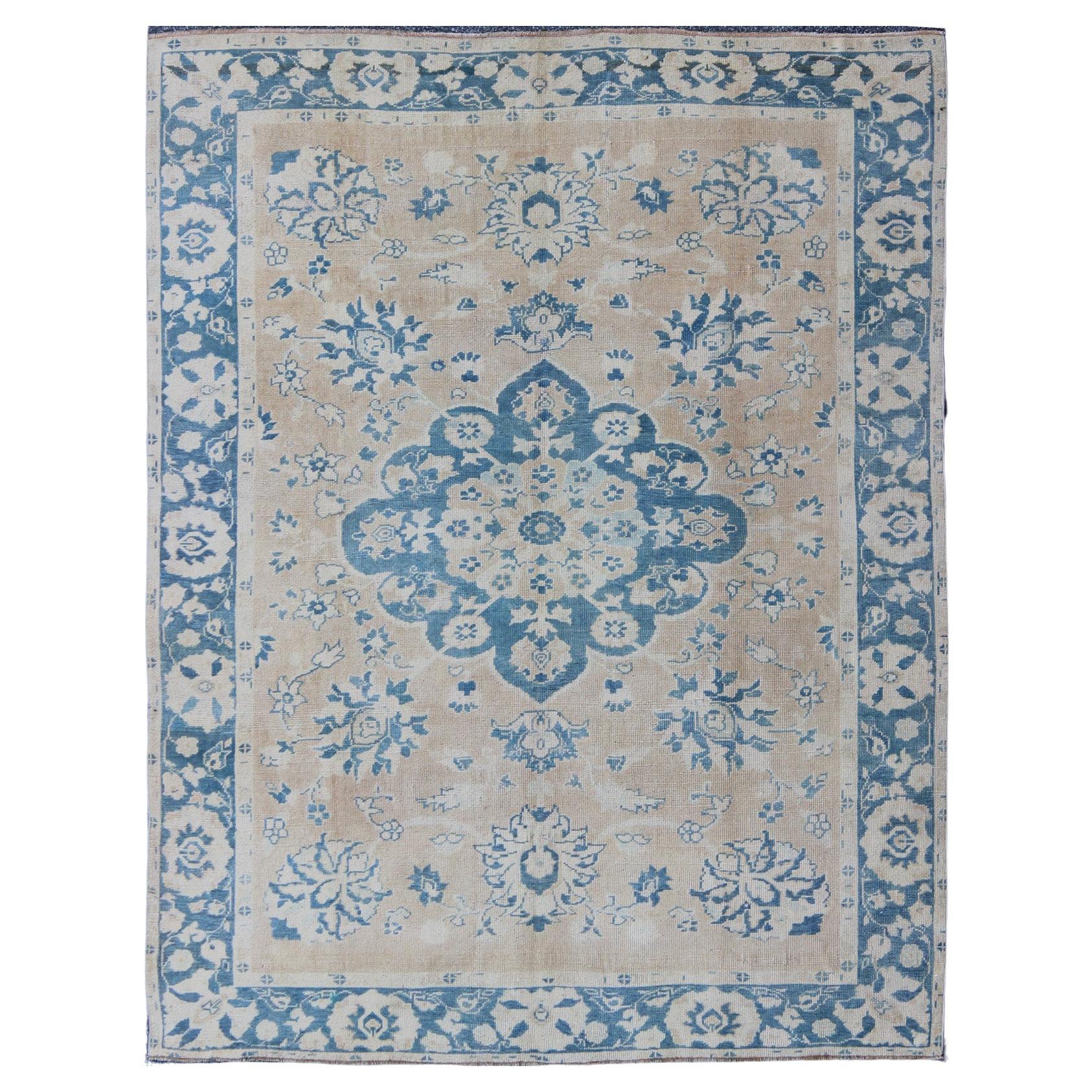 1930's Floral Medallion Turkish Oushak Rug in Butter Yellow and Blue