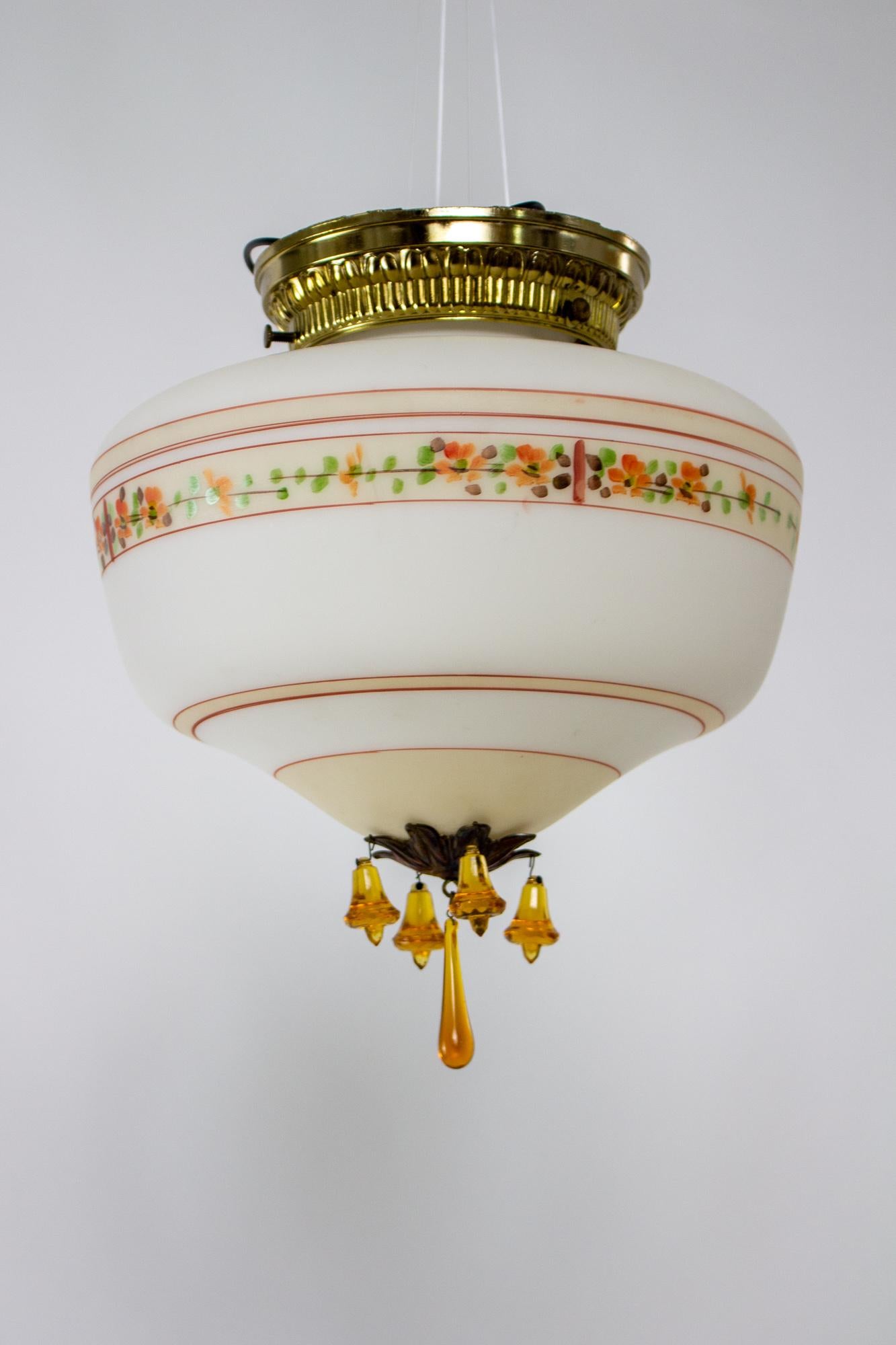 1930’s Floral Painted Glass Flush Mount with Amber Crystals In Good Condition For Sale In Canton, MA