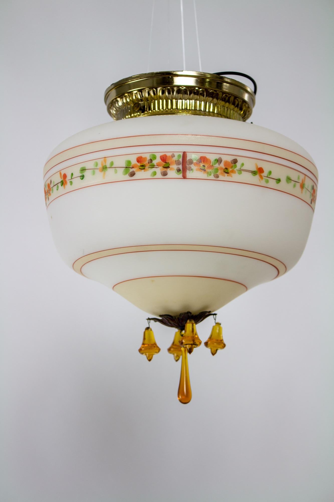 20th Century 1930’s Floral Painted Glass Flush Mount with Amber Crystals For Sale