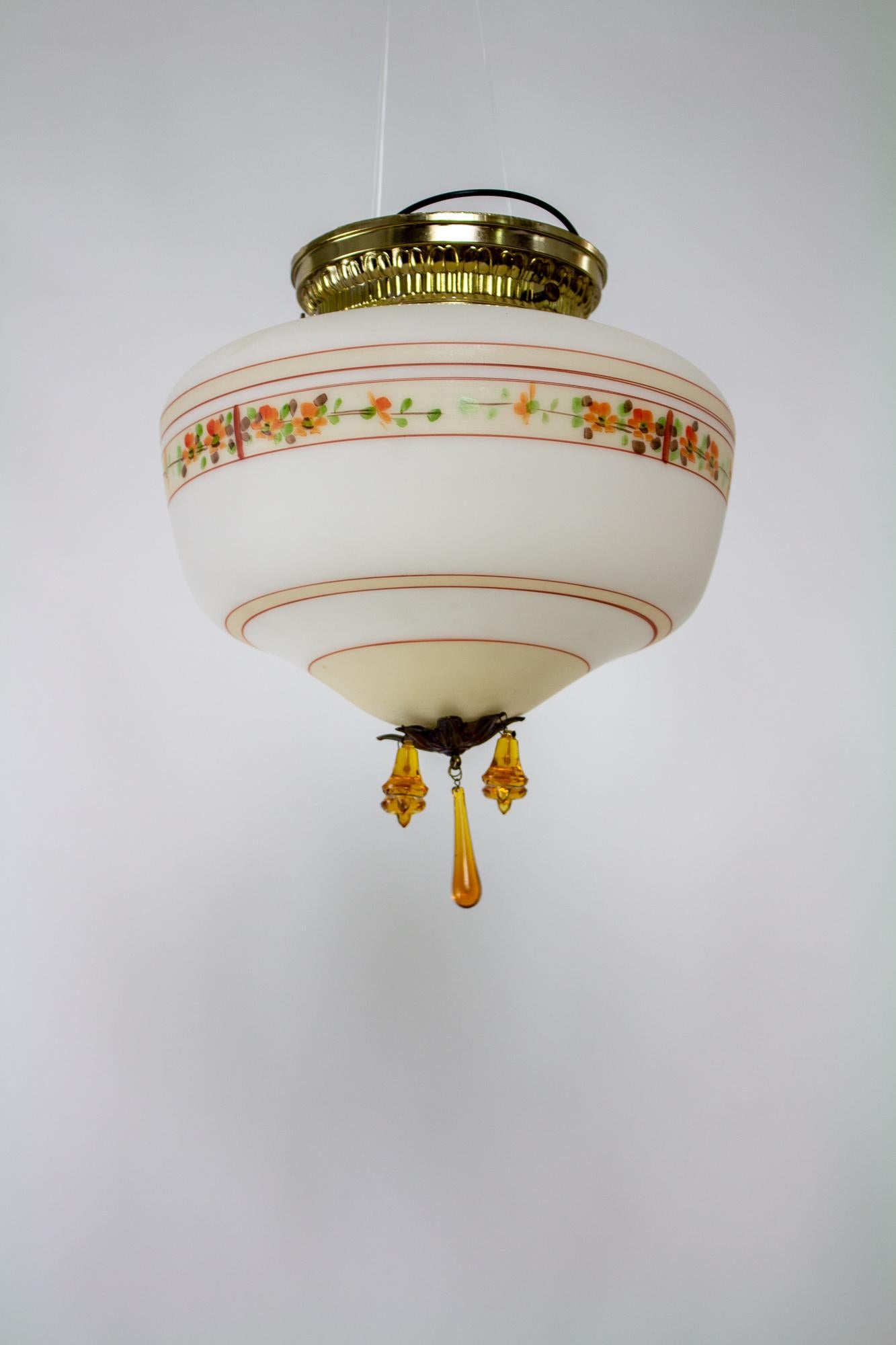 Metal 1930’s Floral Painted Glass Flush Mount with Amber Crystals For Sale