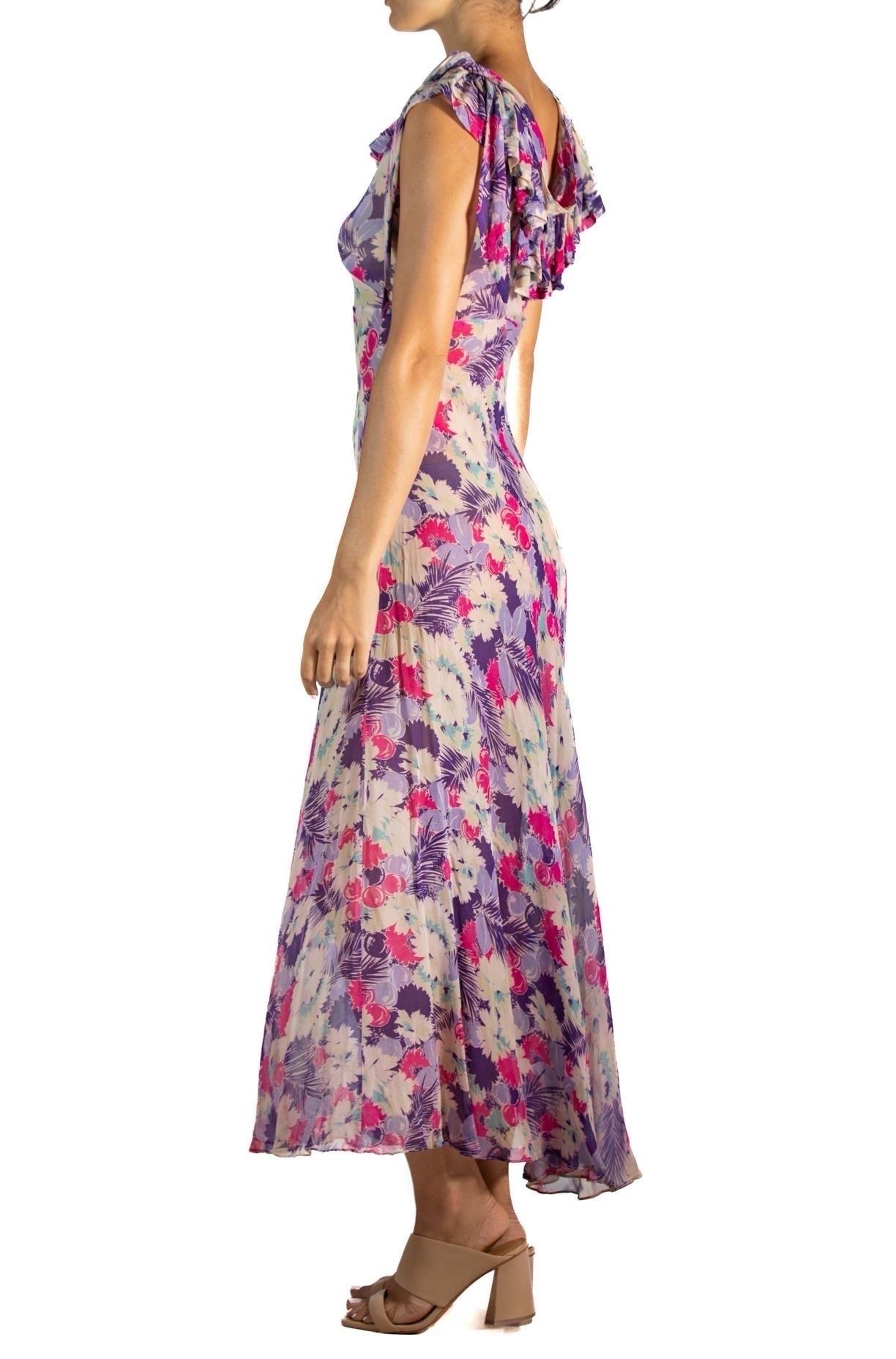 Brown 1930S Floral Print Bias Cut Silk Chiffon Maxi Dress For Sale